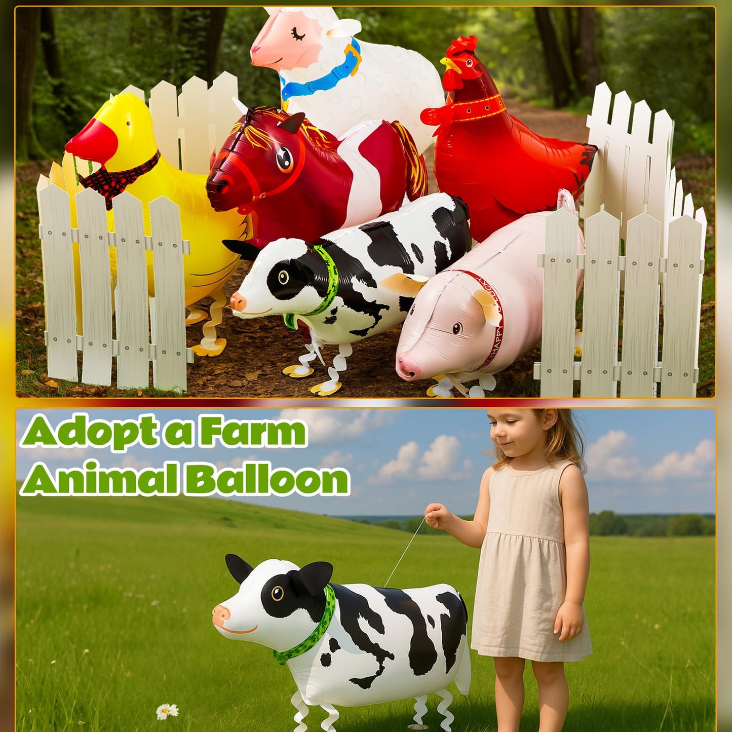 Soulchen 16 Pcs Farm Animal Party Favors – 12 Walking Balloons + 4 Picket Fence Cutouts