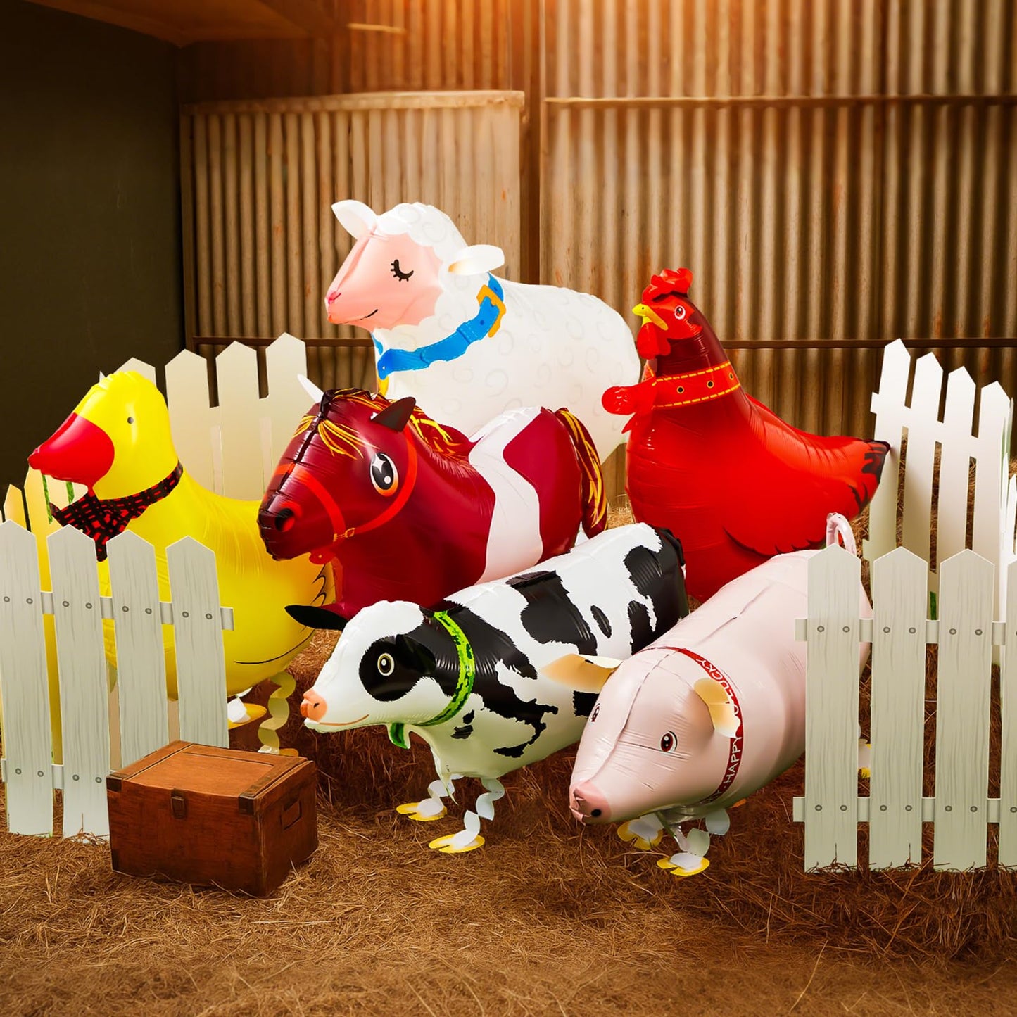 Soulchen 16 Pcs Farm Animal Party Favors – 12 Walking Balloons + 4 Picket Fence Cutouts