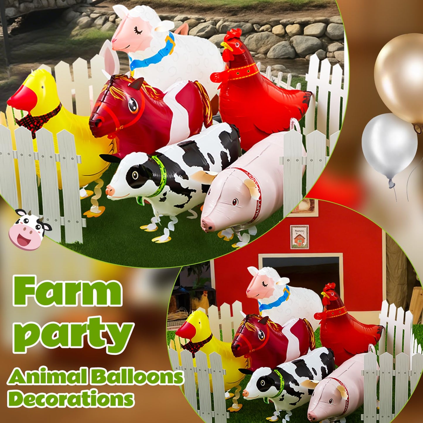 Soulchen 16 Pcs Farm Animal Party Favors – 12 Walking Balloons + 4 Picket Fence Cutouts