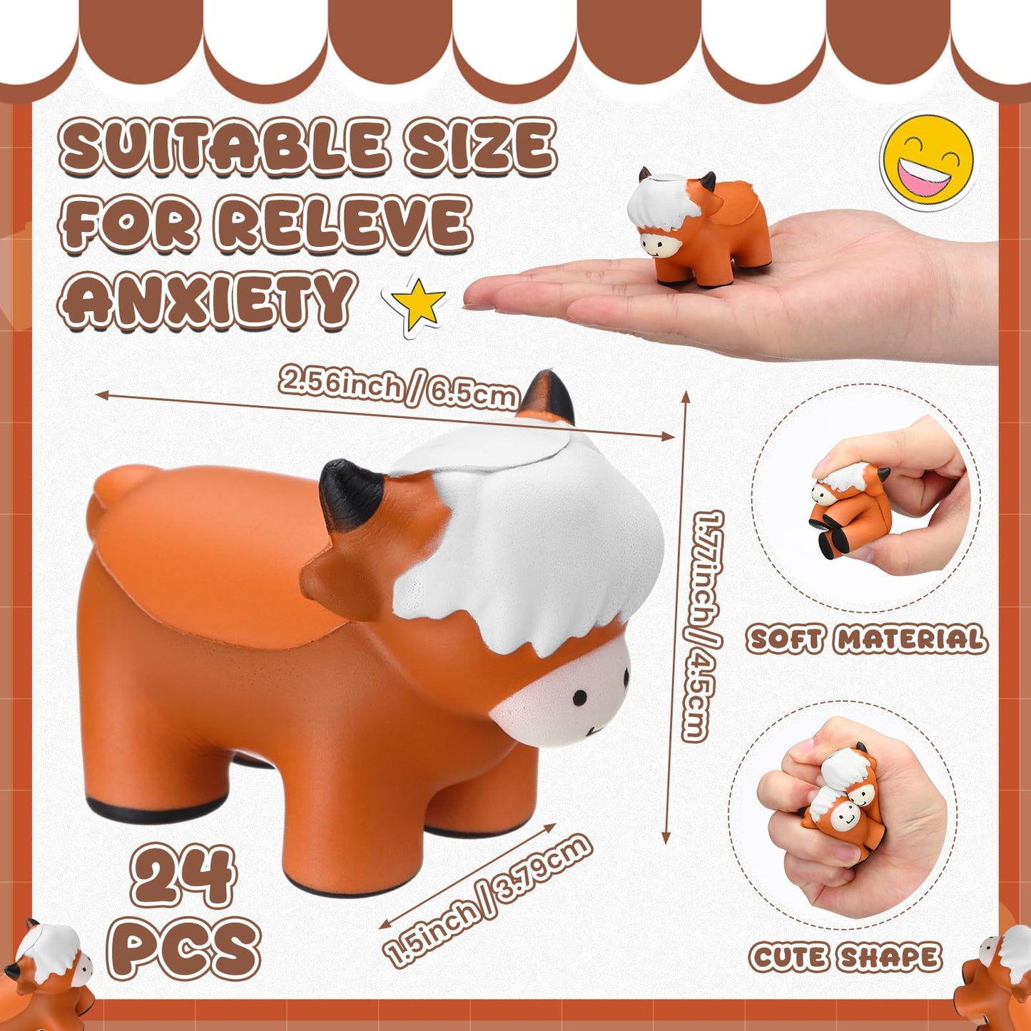 Soulchen 24-Pack Highland Cow Stress Balls – Mini Squeeze Toys for Classroom Fun & Party Gifts