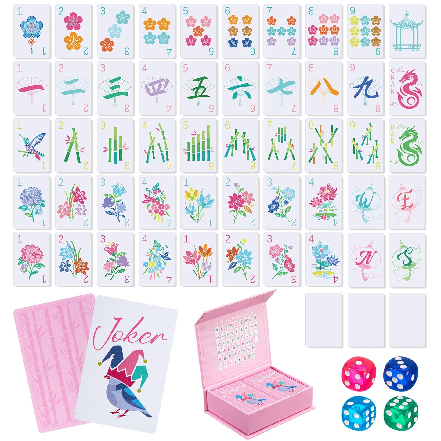 Soulchen 168 Pcs Mahjong Playing Cards – Blossom Design, Large Print PVC Travel Set