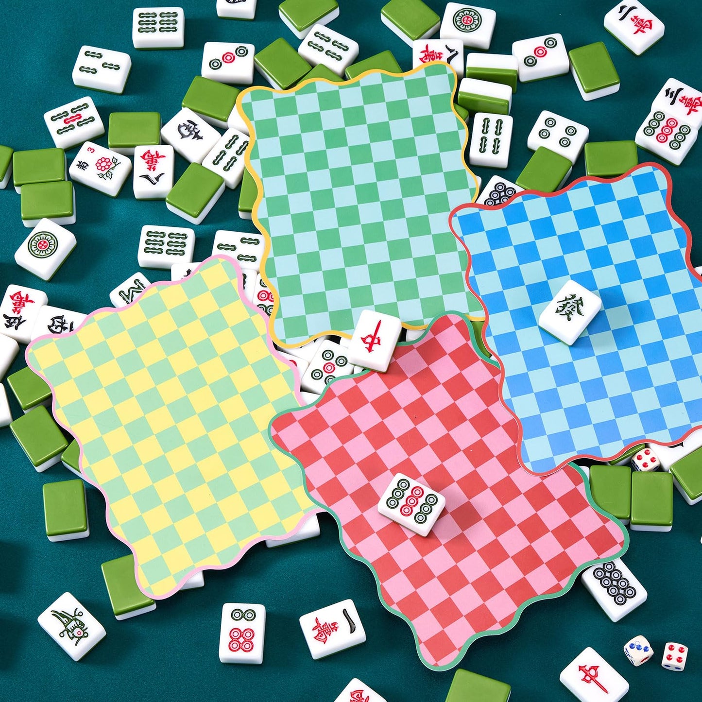 Soulchen 4-Piece Mahjong Shuffler Cards – Thick PVC Tile Mixers with Wavy Edges – Colorful Checkered Design