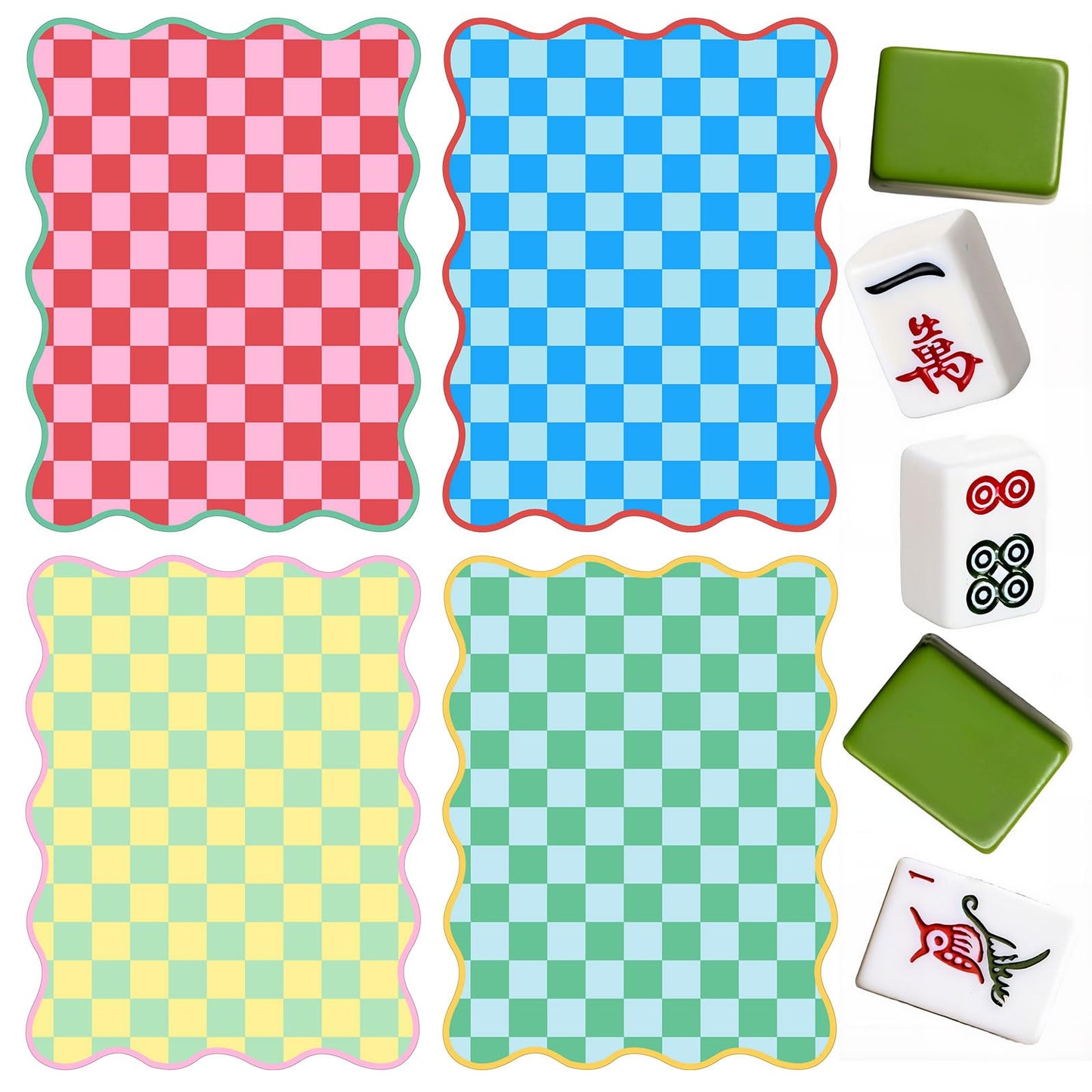 Soulchen 4-Piece Mahjong Shuffler Cards – Thick PVC Tile Mixers with Wavy Edges – Colorful Checkered Design