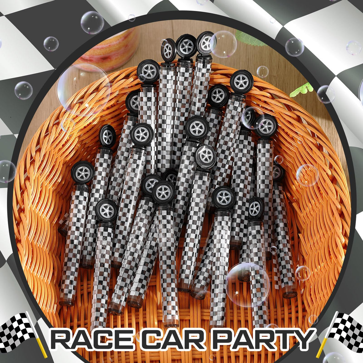 Soulchen 24 Pcs Race Car Bubble Wands Black & White Checkered Party Favors