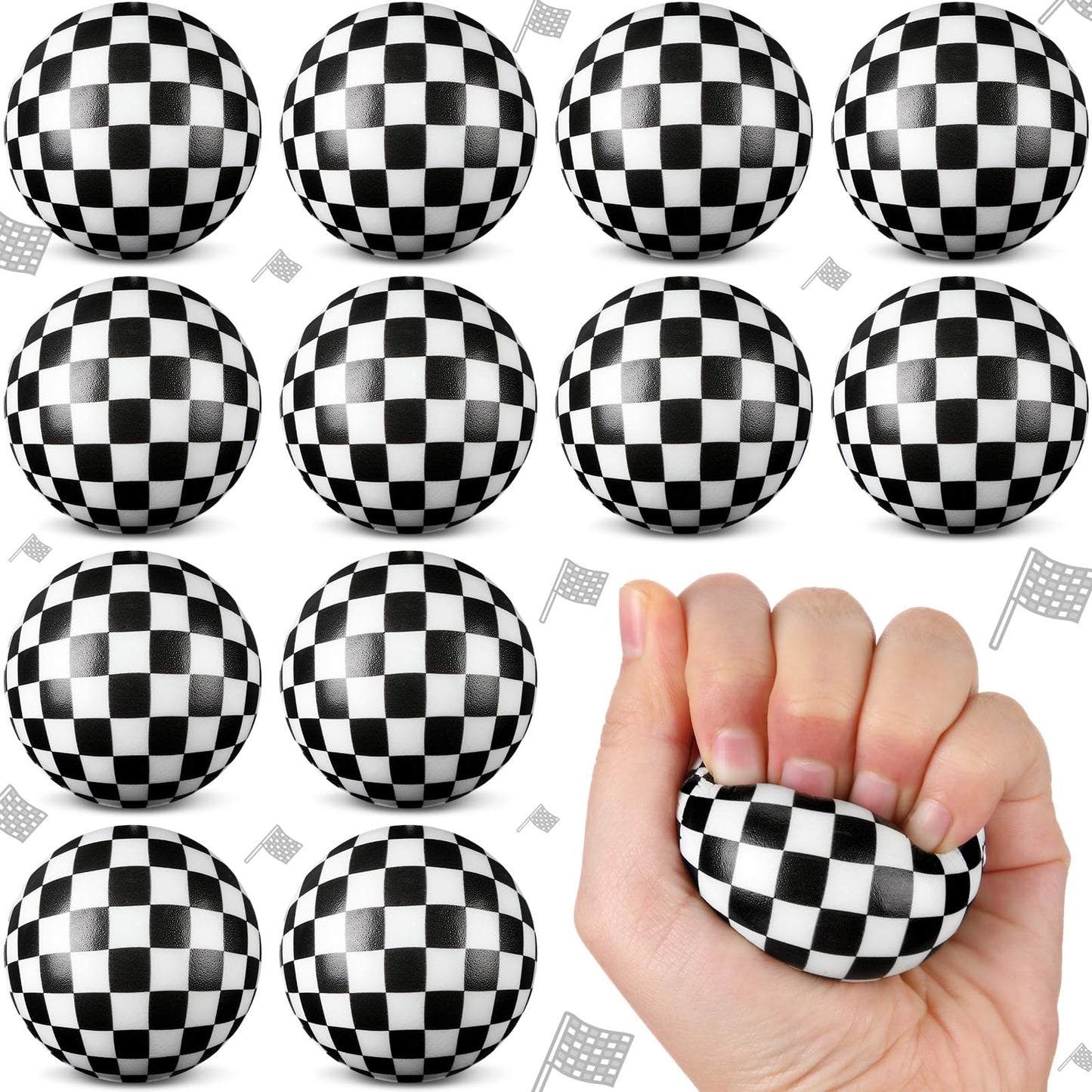 Soulchen 12 Pcs Race Cars Stress Balls – Black & White Checkered Fidget Toys