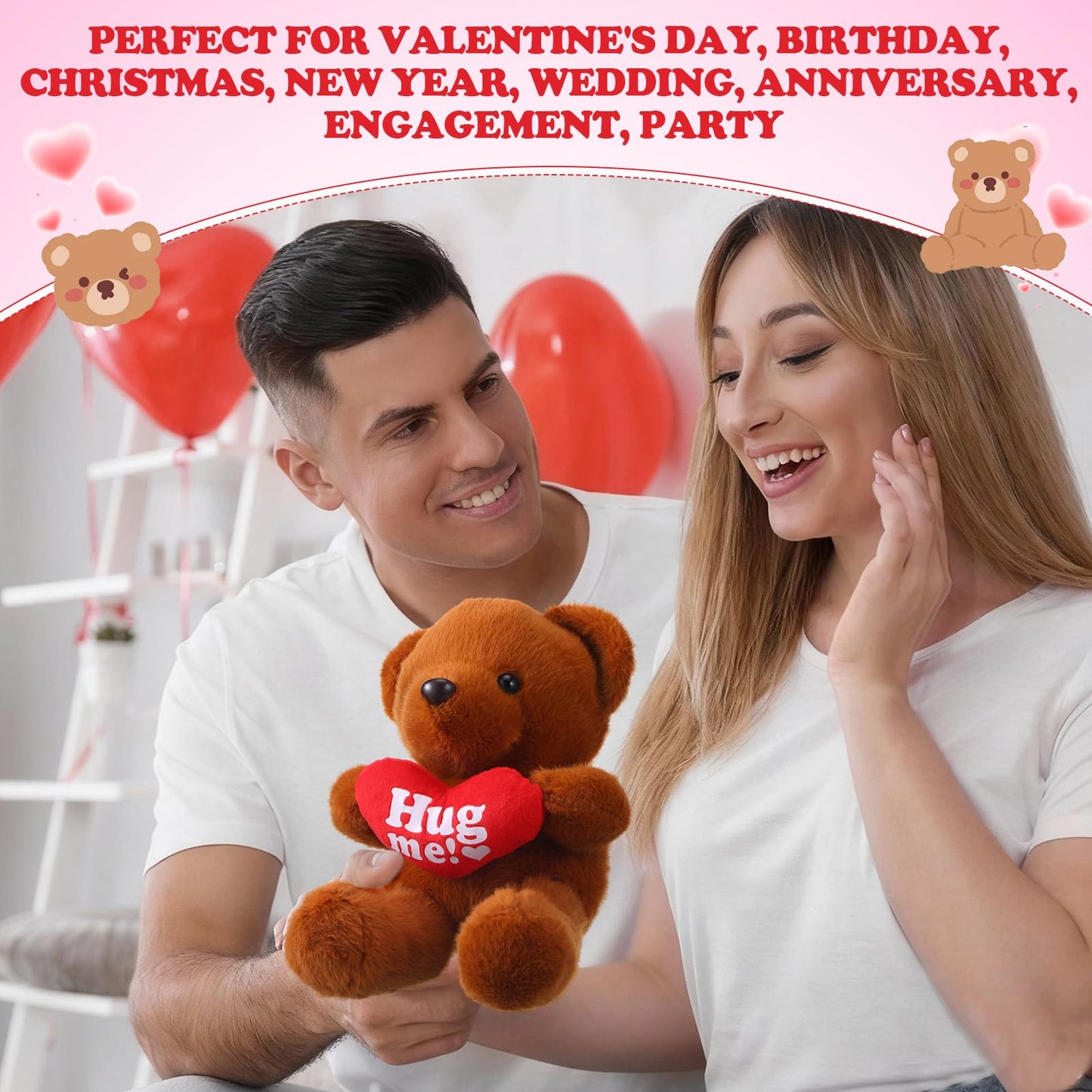 Soulchen 12 Pack Valentine Bears - 10-inch Velvet Plush Hearts (White & Brown)