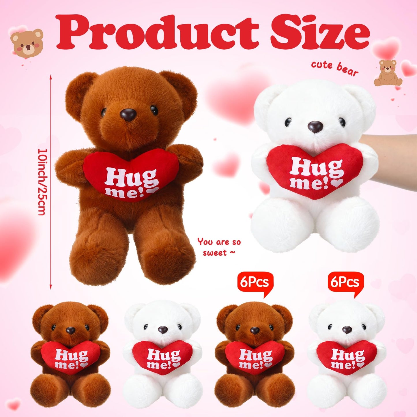 Soulchen 12 Pack Valentine Bears - 10-inch Velvet Plush Hearts (White & Brown)