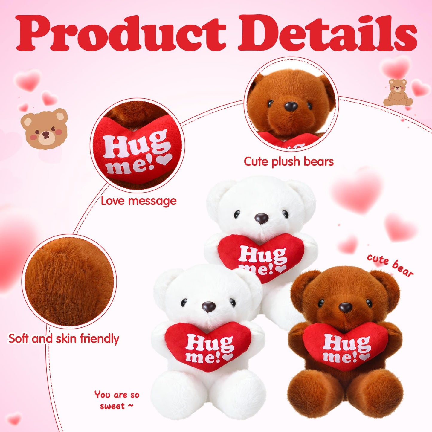Soulchen 12 Pack Valentine Bears - 10-inch Velvet Plush Hearts (White & Brown)