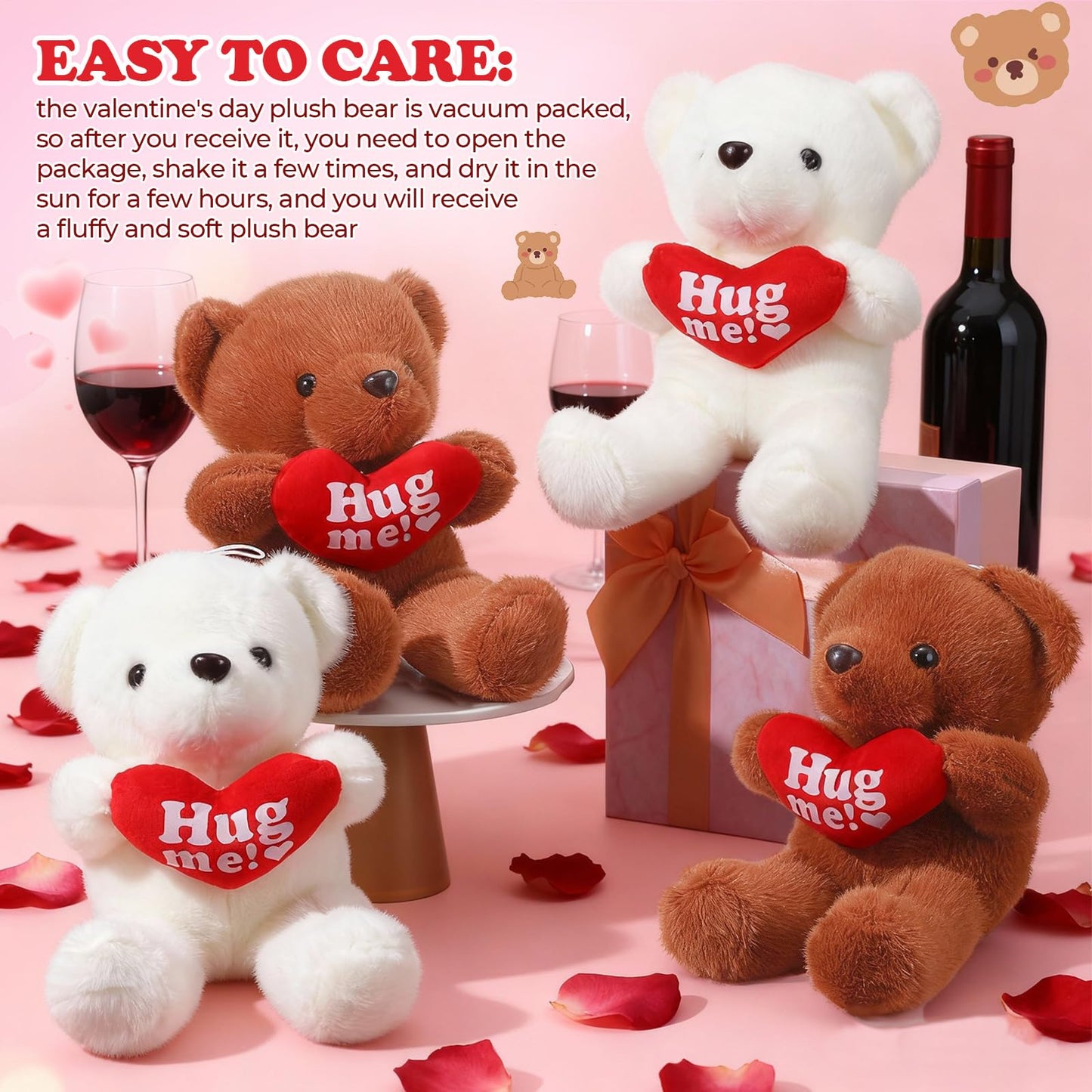 Soulchen 12 Pack Valentine Bears - 10-inch Velvet Plush Hearts (White & Brown)