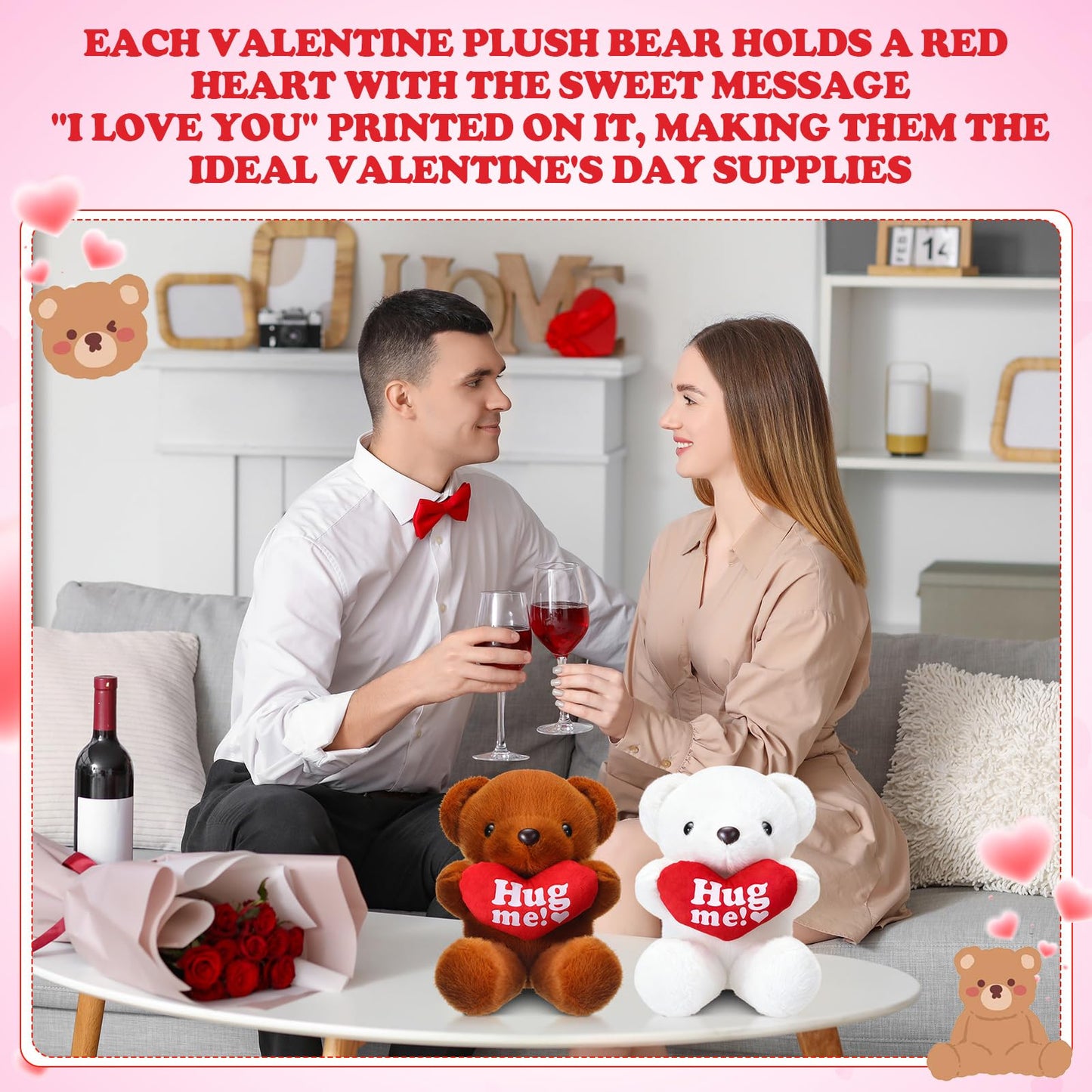 Soulchen 12 Pack Valentine Bears - 10-inch Velvet Plush Hearts (White & Brown)