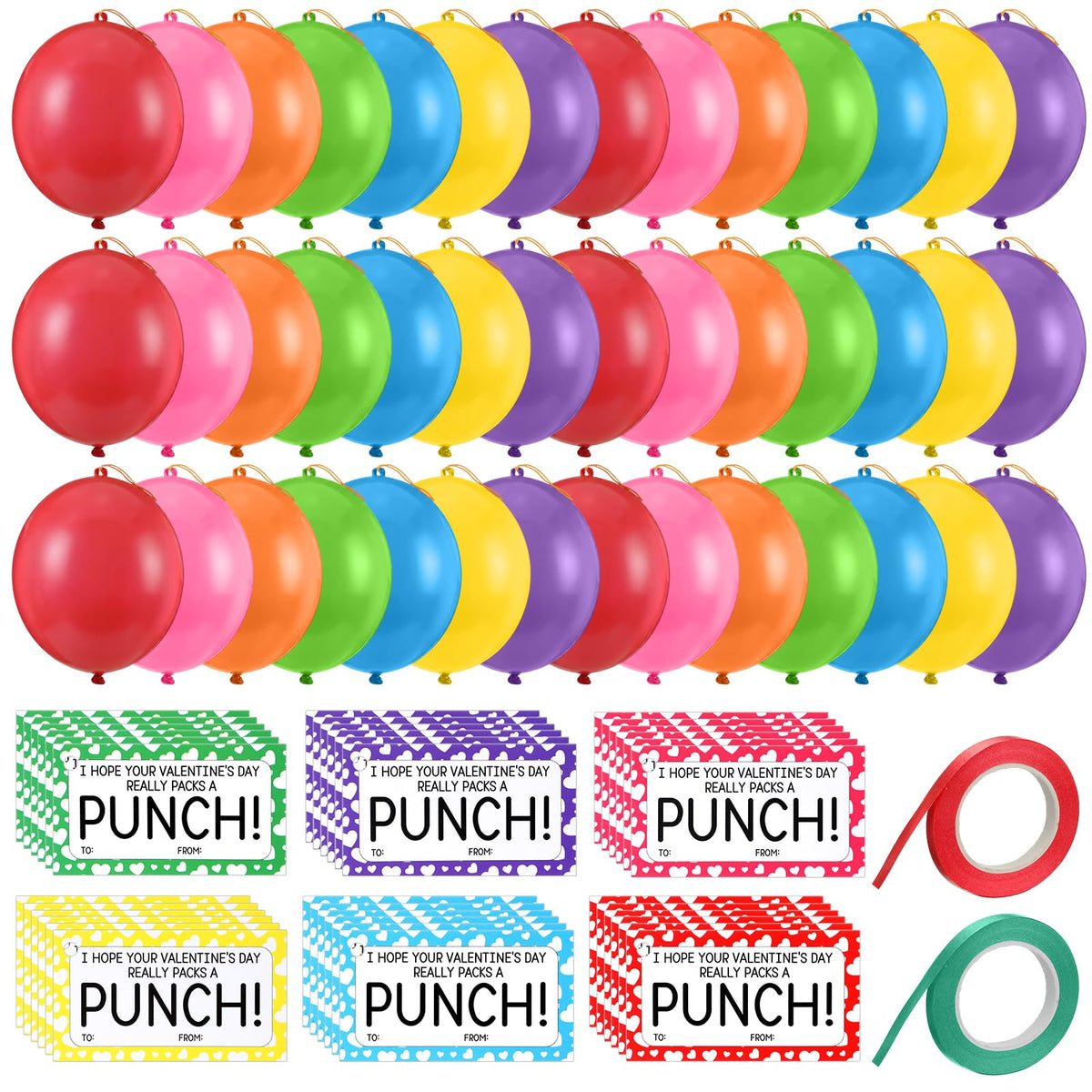 Soulchen 74-Piece Valentine’s Day Gift Set for Kids – Neon Punch Balloons, Cards & Ribbons