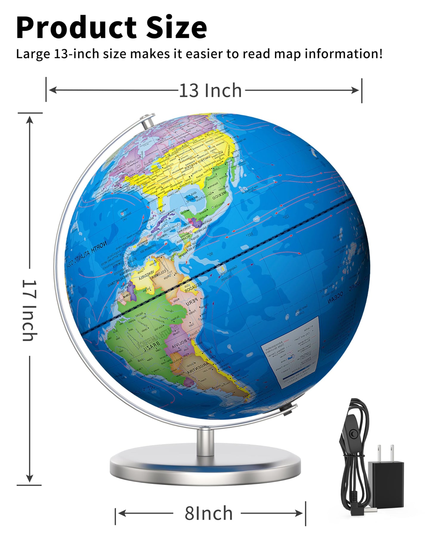 SOUNDANCE 13-Inch World Globe with Stable Metal Base | LED Night Light & HD Map