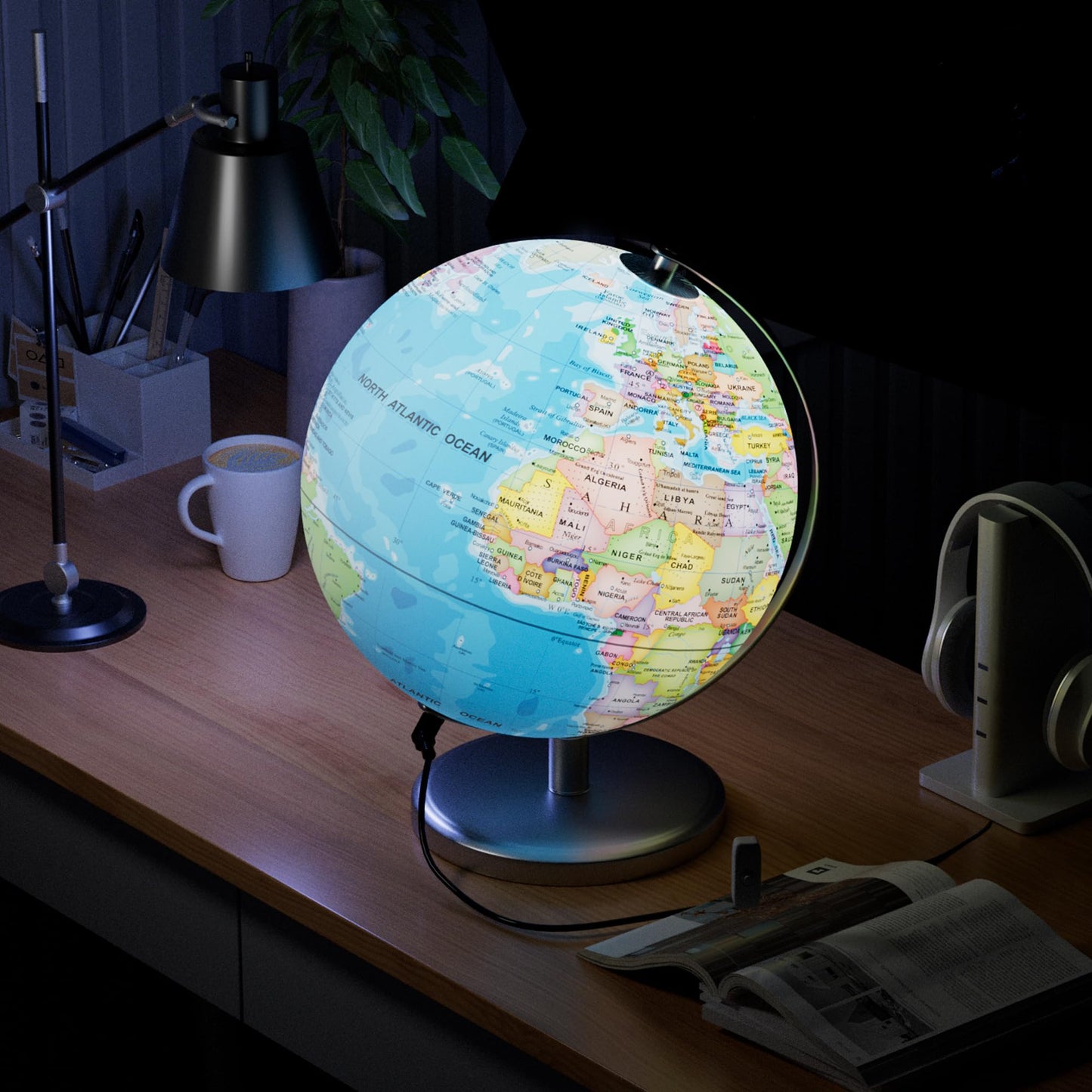 SOUNDANCE 13-Inch World Globe with Stable Metal Base | LED Night Light & HD Map