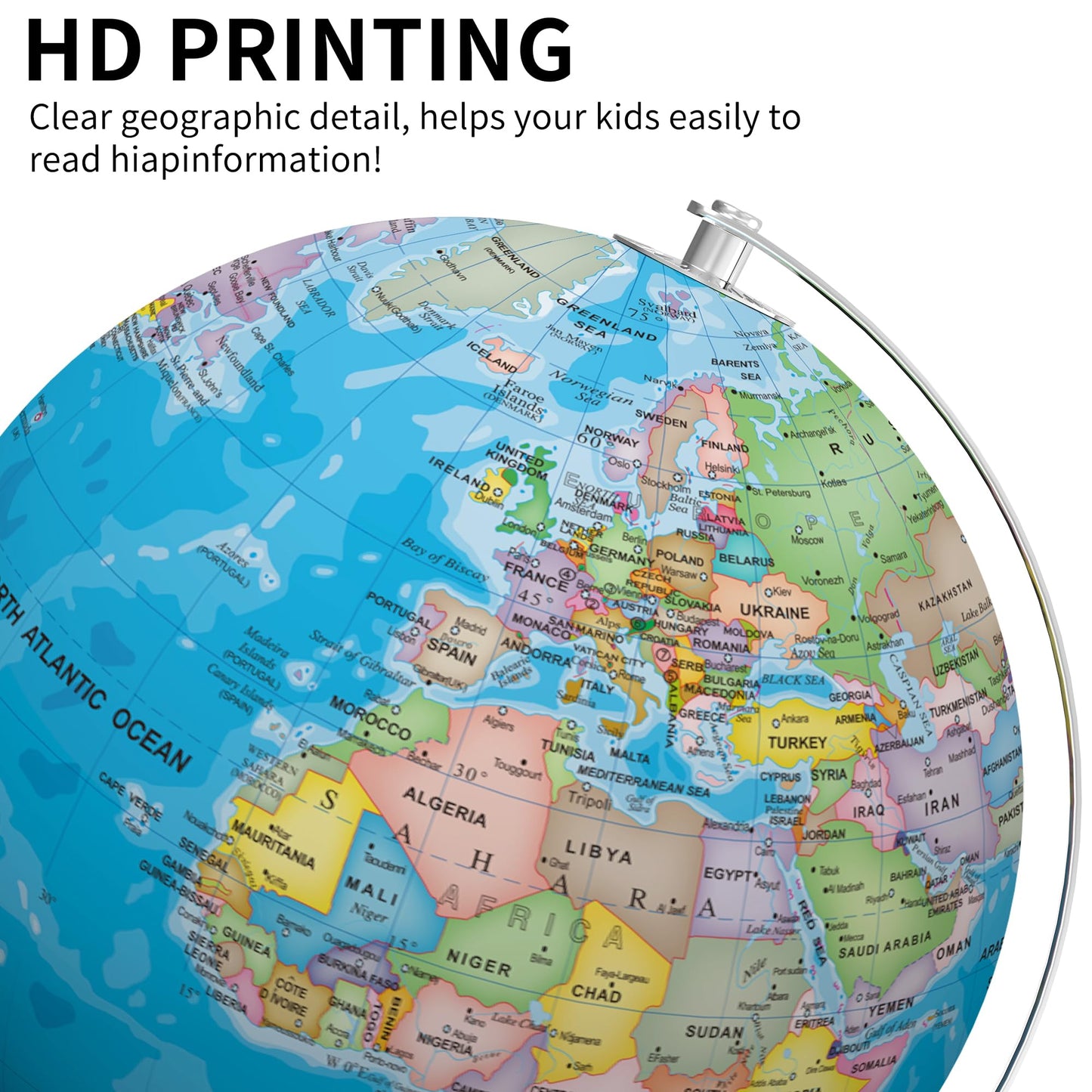SOUNDANCE 13-Inch World Globe with Stable Metal Base | LED Night Light & HD Map
