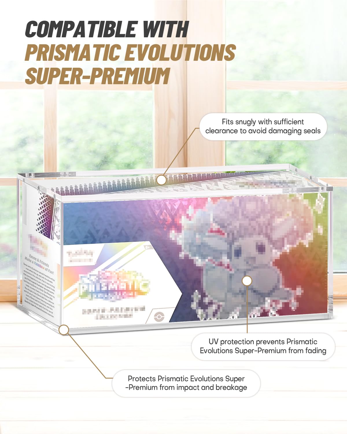 SOWANO Clear Acrylic Display Box for Prismatic Evolutions – 14.3x3.3x6.8in, Stackable Magnetic Lid
