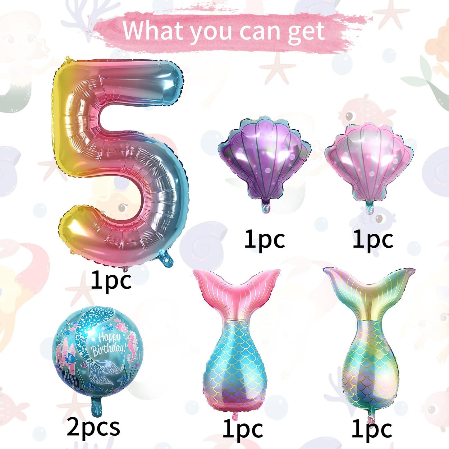 Sowide 5th Mermaid Birthday Decorations – Pink & Blue Balloons Kit for Girls