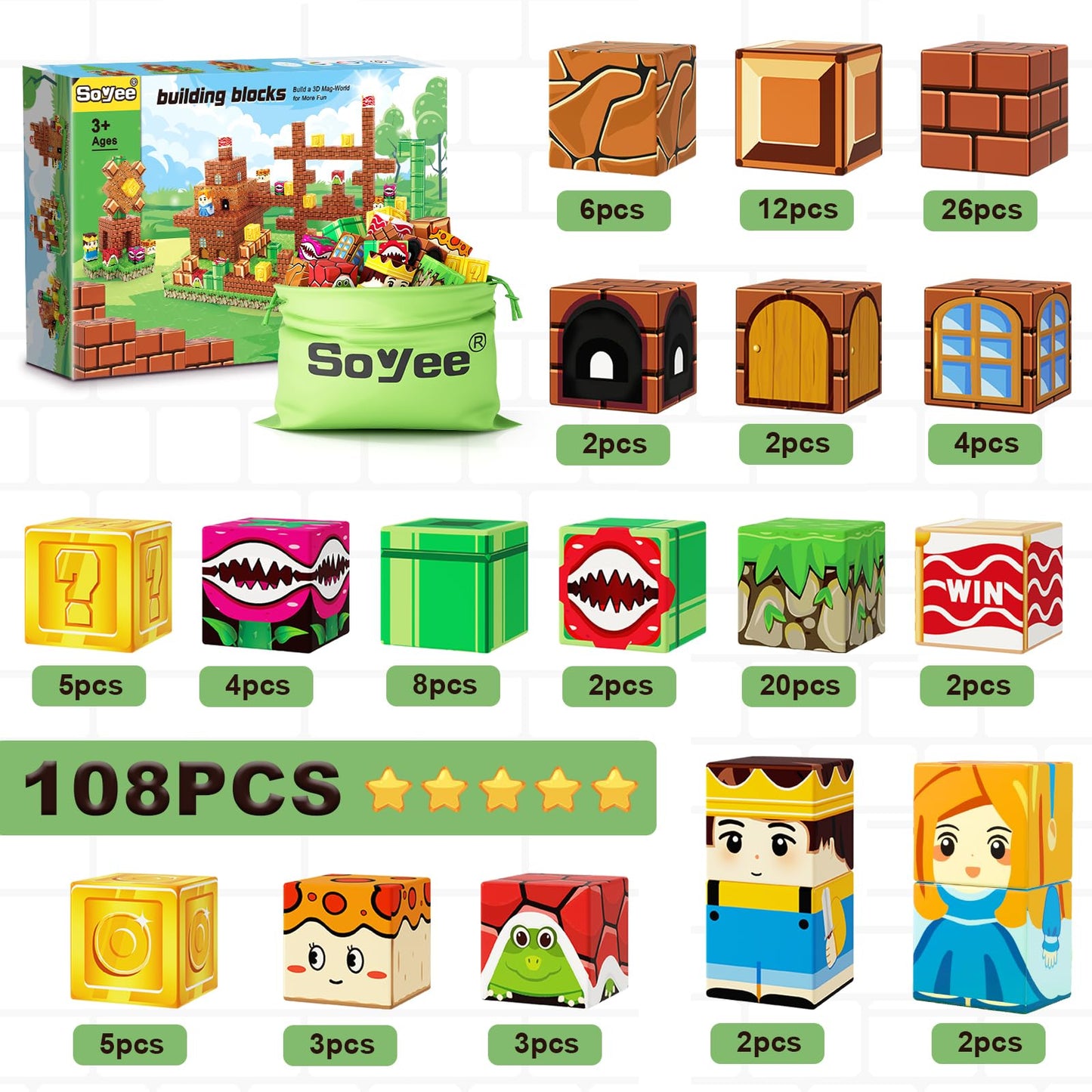 Soyee 108PCS Magnetic Blocks Building Toys – Magnetic Blocks Set for Kids 3-12