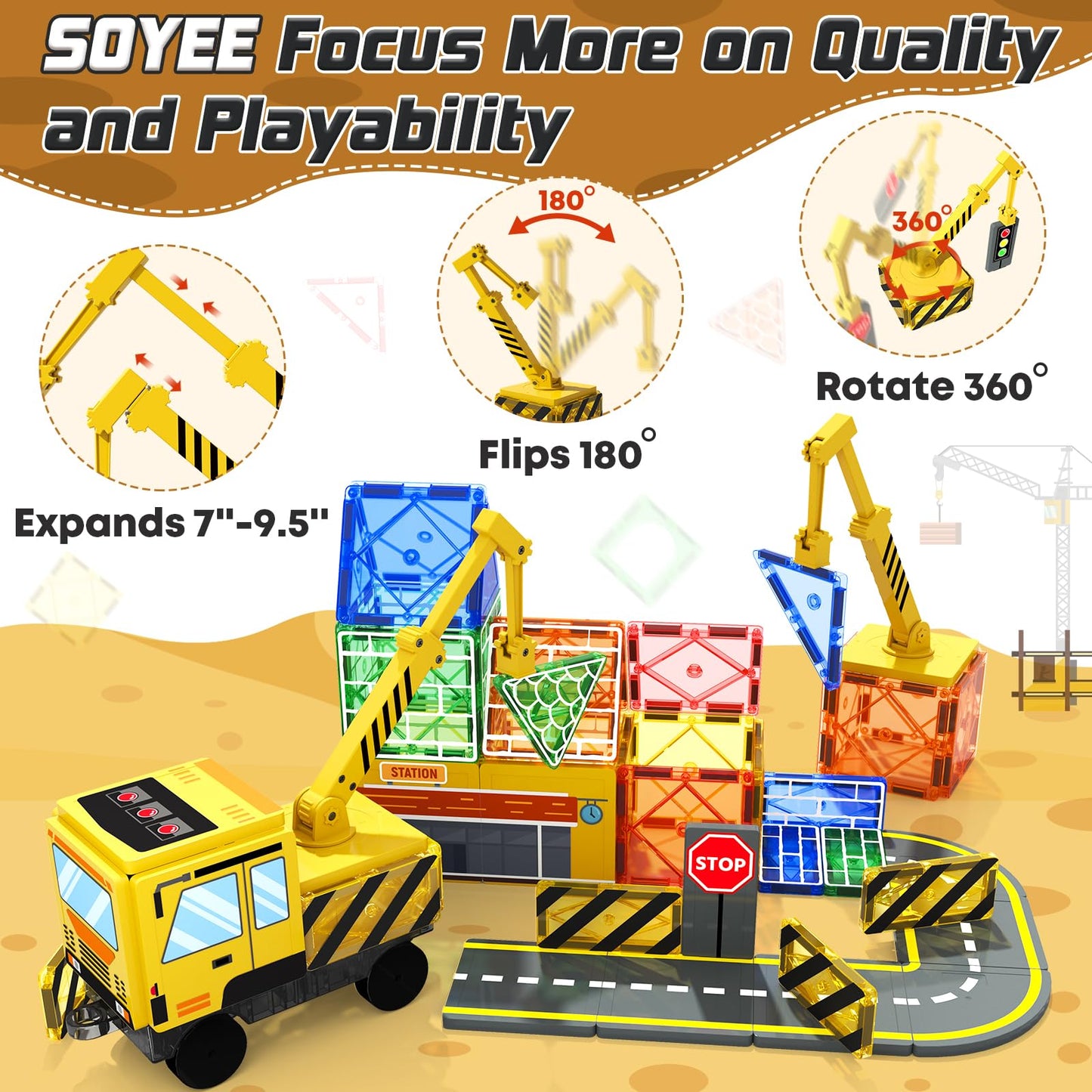 Soyee Magnetic Tiles with 2 Cranes – Magnetic Construction Toys for Ages 3-7 | STEM & Montessori Gift