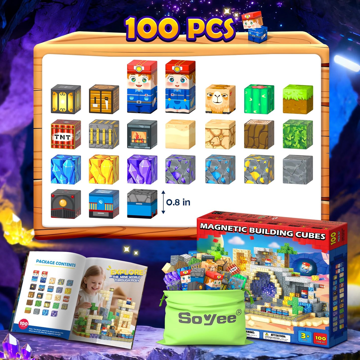Soyee 100PCS Magnetic Blocks – Desert Mine World STEM Toy for Ages 4-8