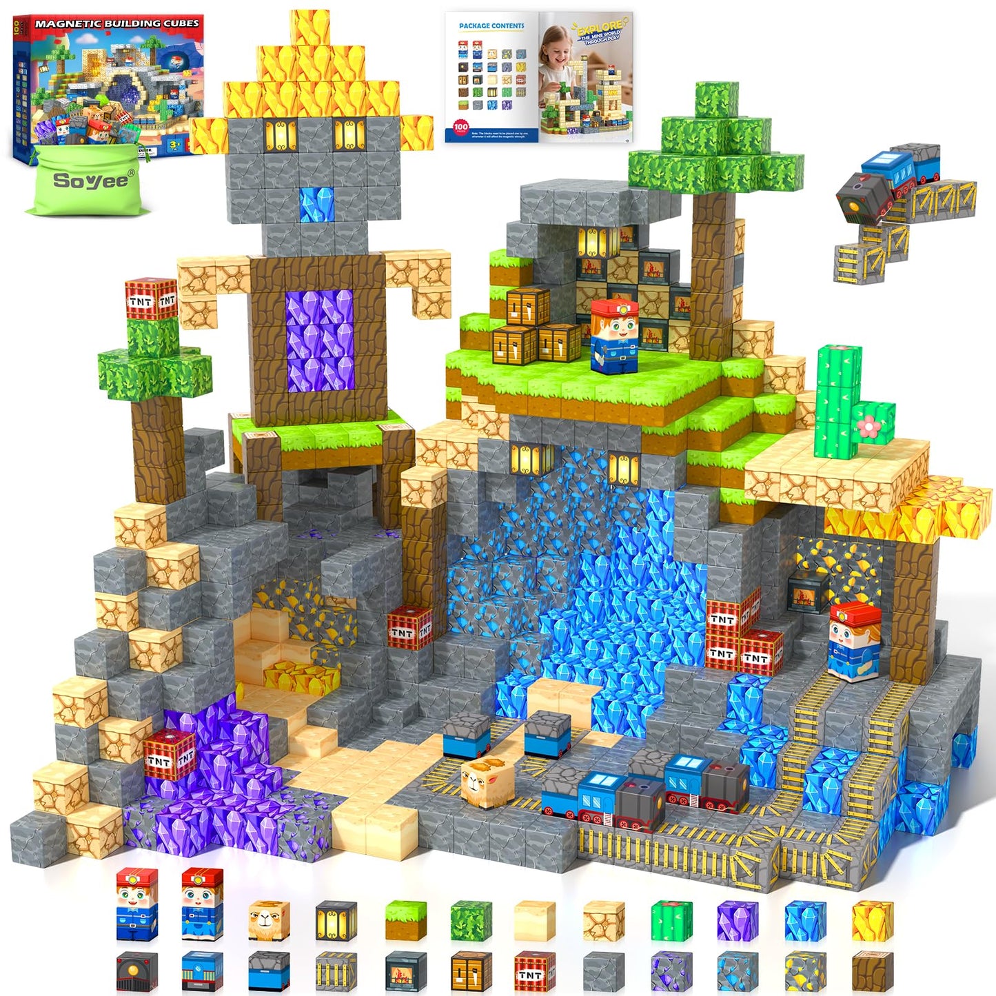 Soyee 100PCS Magnetic Blocks – Desert Mine World STEM Toy for Ages 4-8