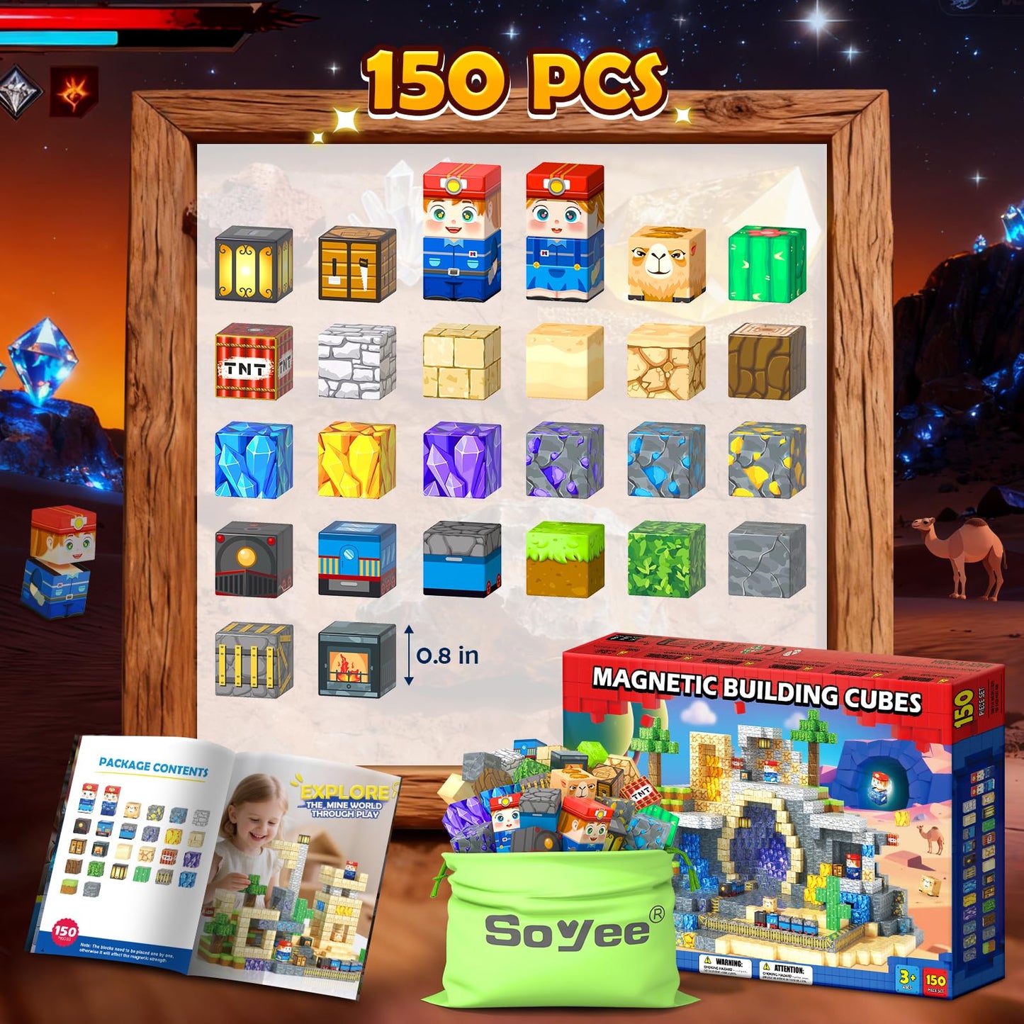 Soyee 150 PCS Magnetic Blocks — STEM Mine World Set for Kids Aged 4-8