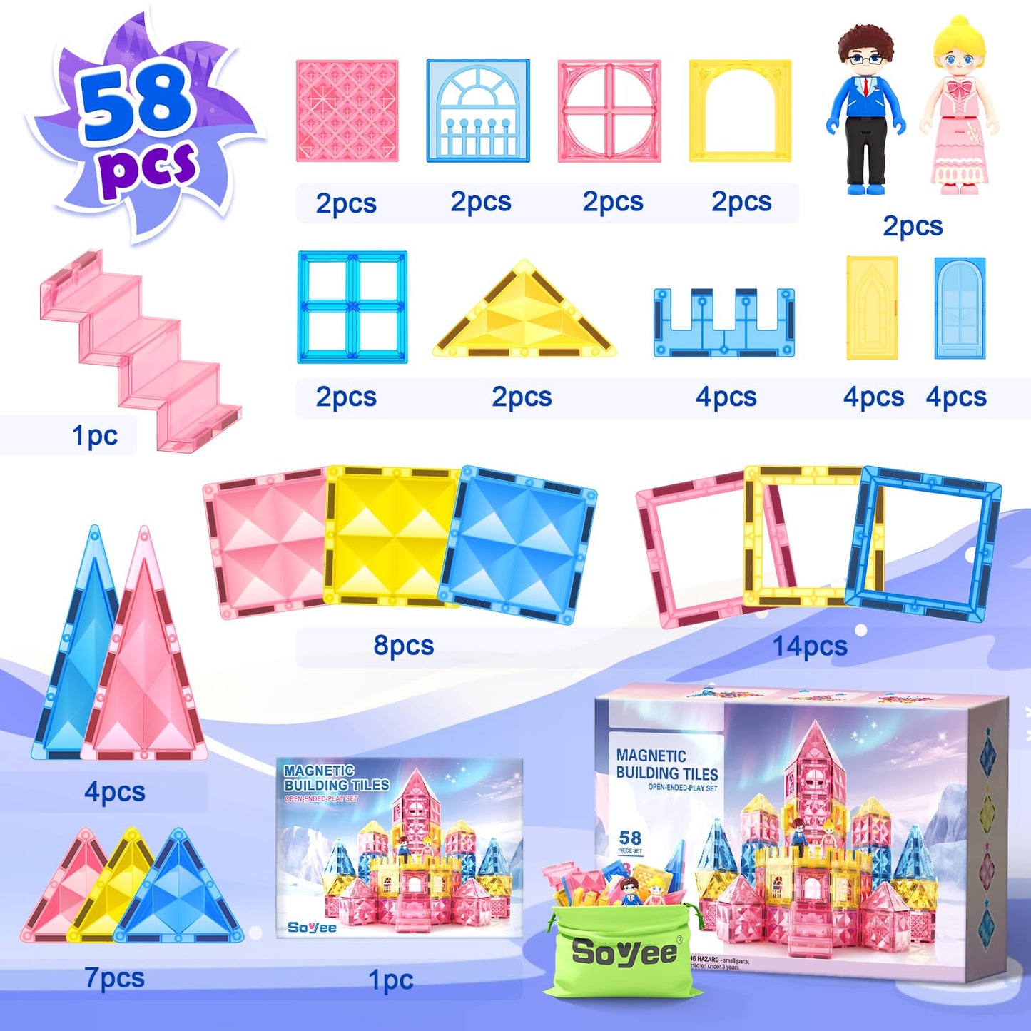 Soyee Diamond Magnetic Tiles – Princess Castle Building Blocks for Kids (Ages 3-12)