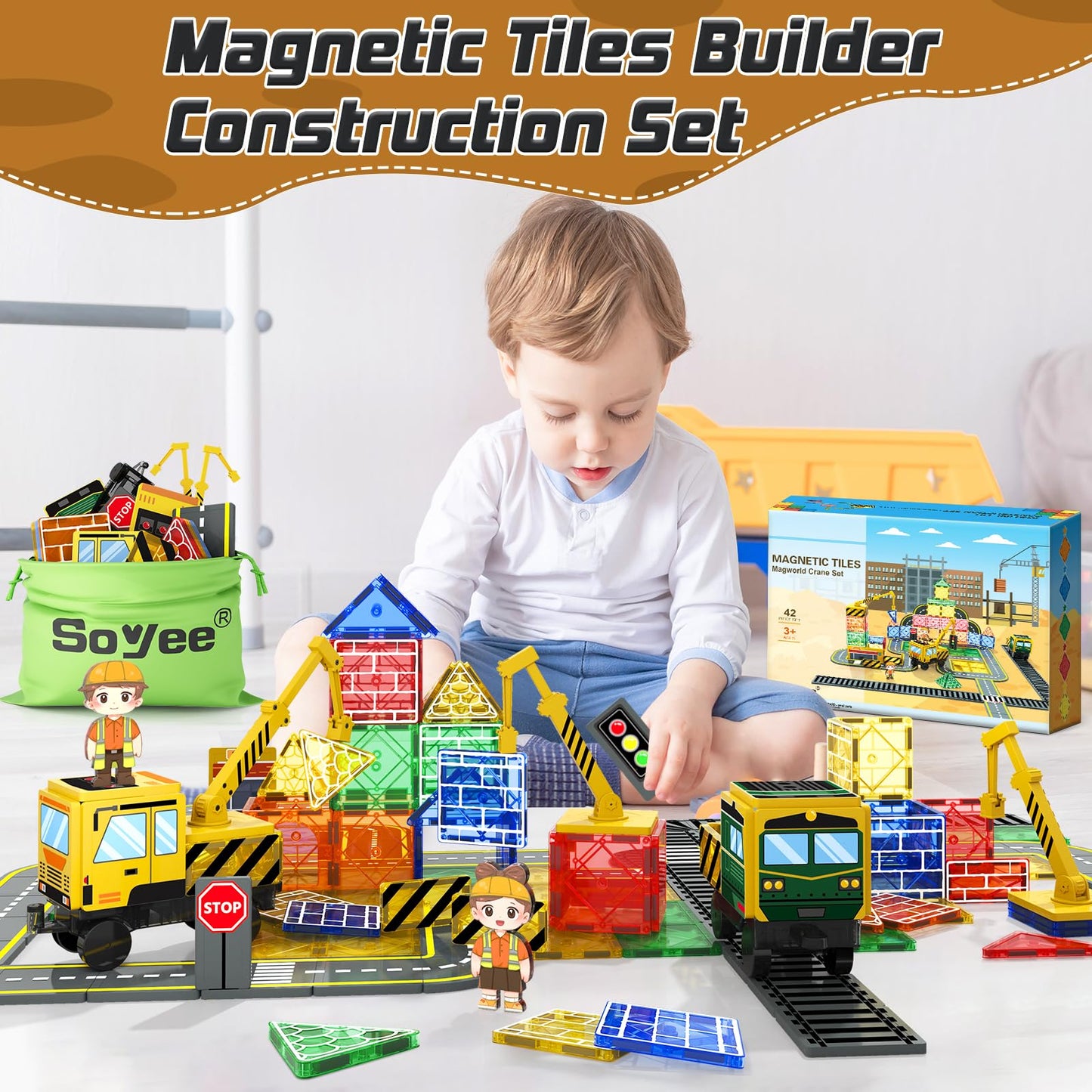 Soyee Magnetic Tiles with 2 Cranes – Magnetic Construction Toys for Ages 3-7 | STEM & Montessori Gift