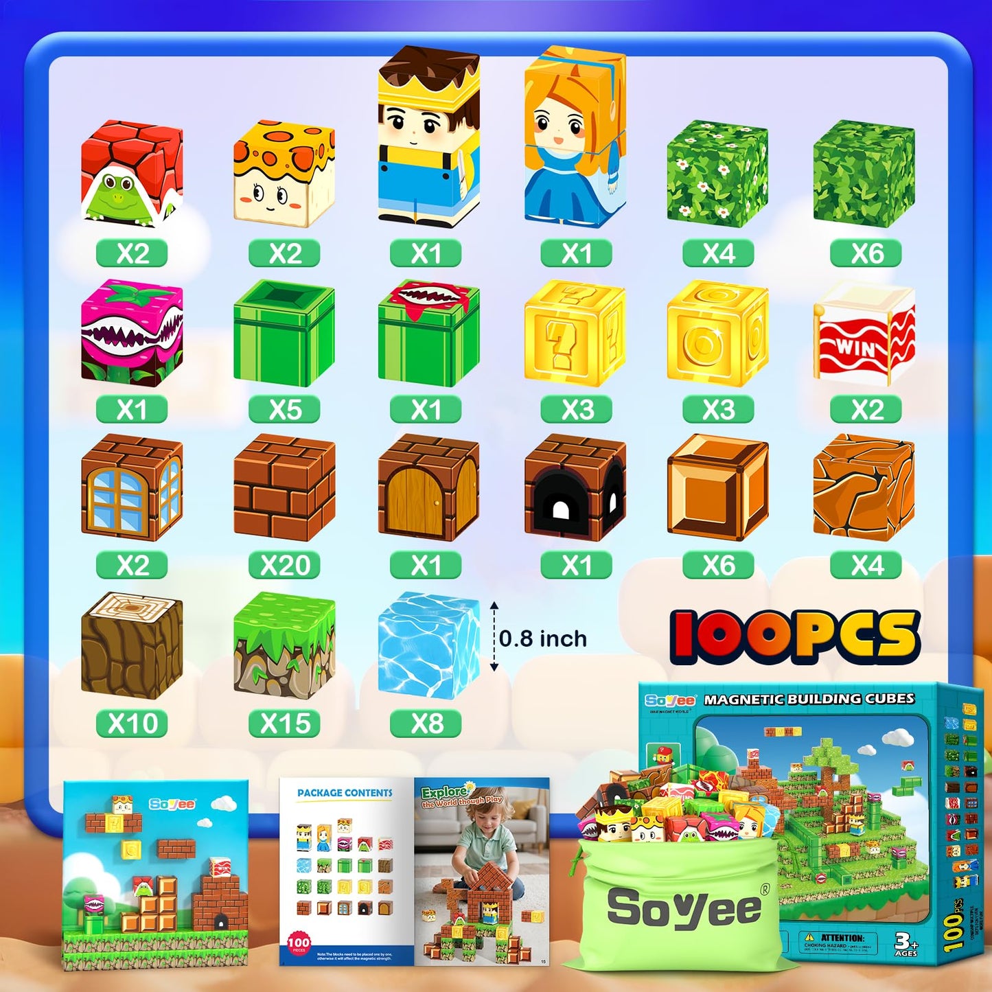 Soyee Magnetic Blocks 100PCS – STEM Building Toy for Ages 3-12 | Creative Magnetic Cubes