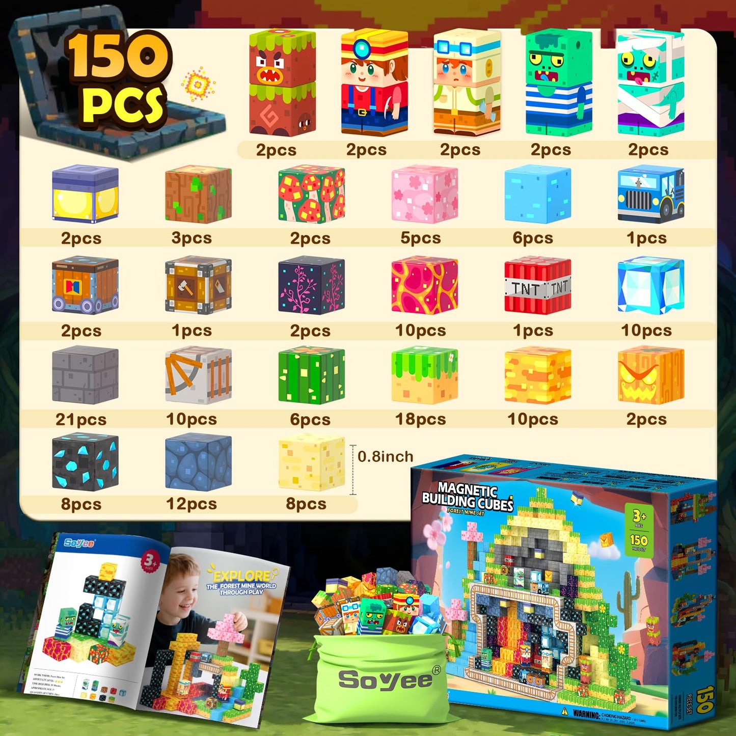 Soyee Magnetic Blocks 150 PCS – Forest & Mine Theme STEM Building Toys for Ages 3-12