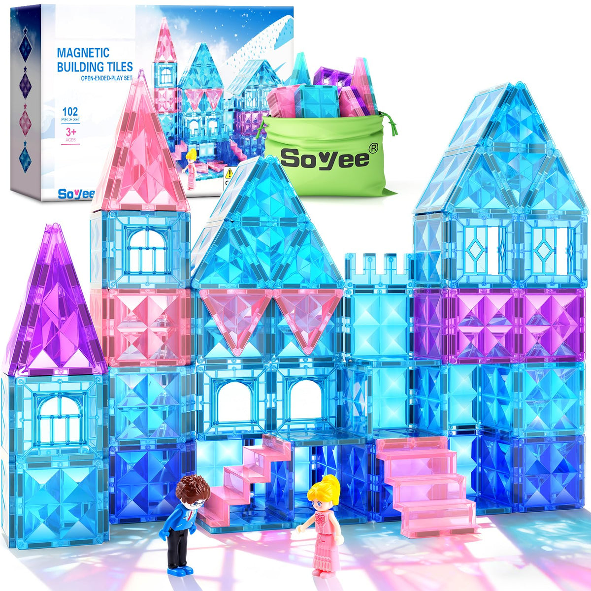 Soyee Magnetic Tiles 102pcs Castle Set with 2 Stairs & Dolls – STEM Toys for Girls