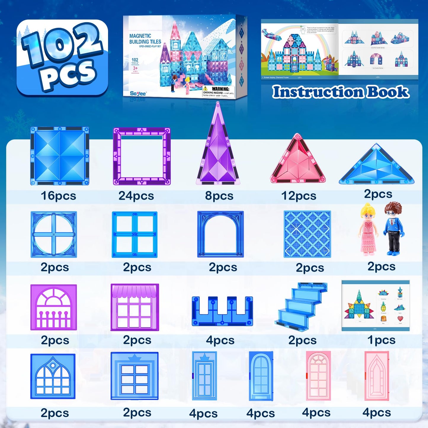Soyee Magnetic Tiles 102pcs Castle Set with 2 Stairs & Dolls – STEM Toys for Girls