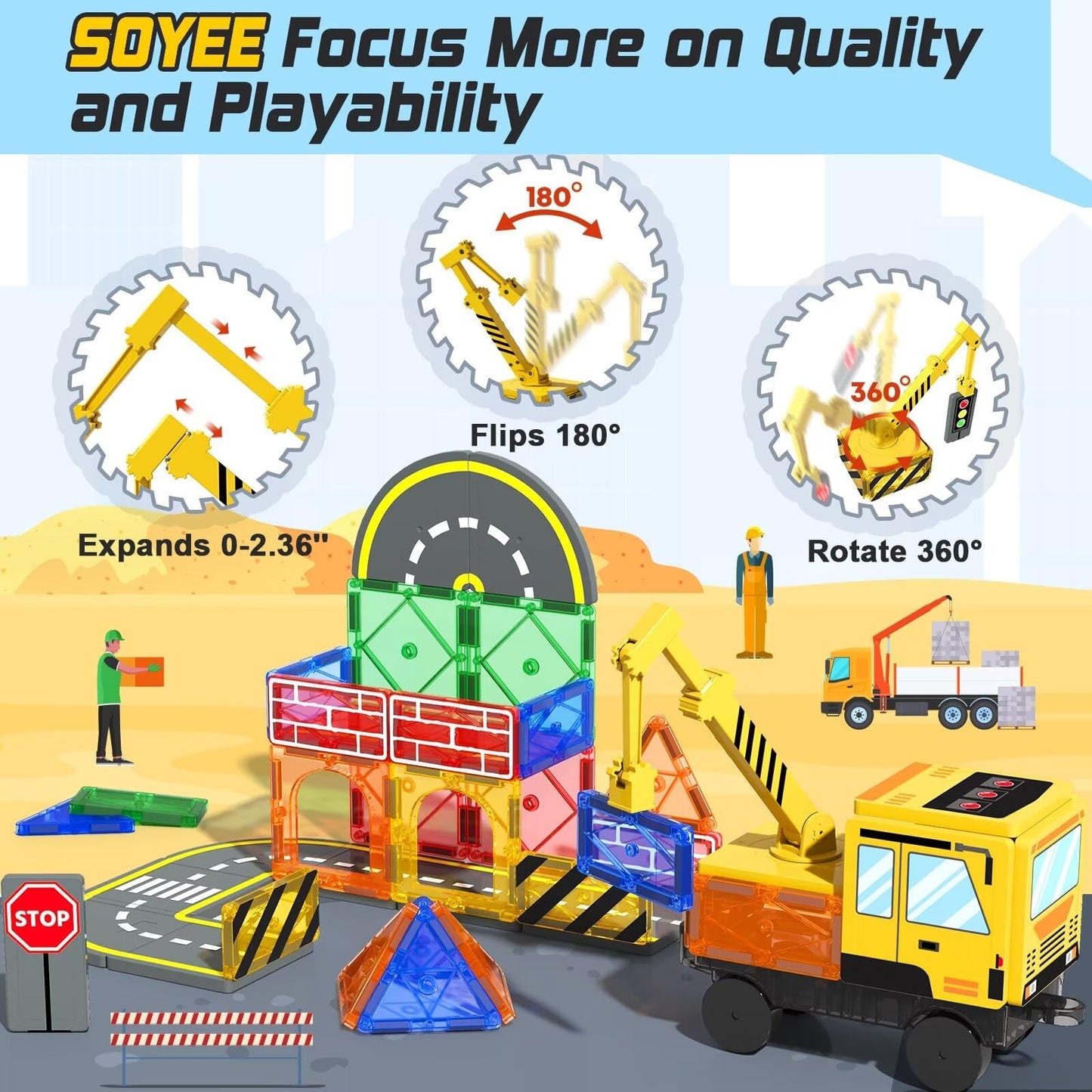 Soyee Magnetic Tiles Crane Truck – STEM Building Toys for Kids 3-8