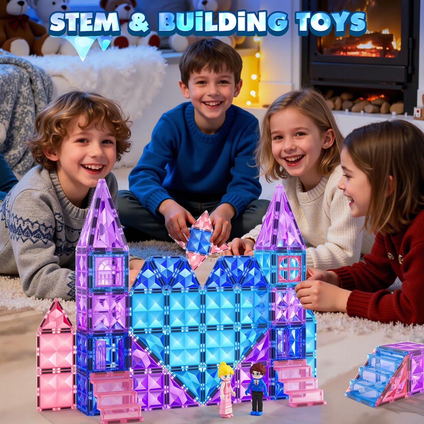 Soyee Magnetic Tiles 102pcs Castle Set with 2 Stairs & Dolls – STEM Toys for Girls