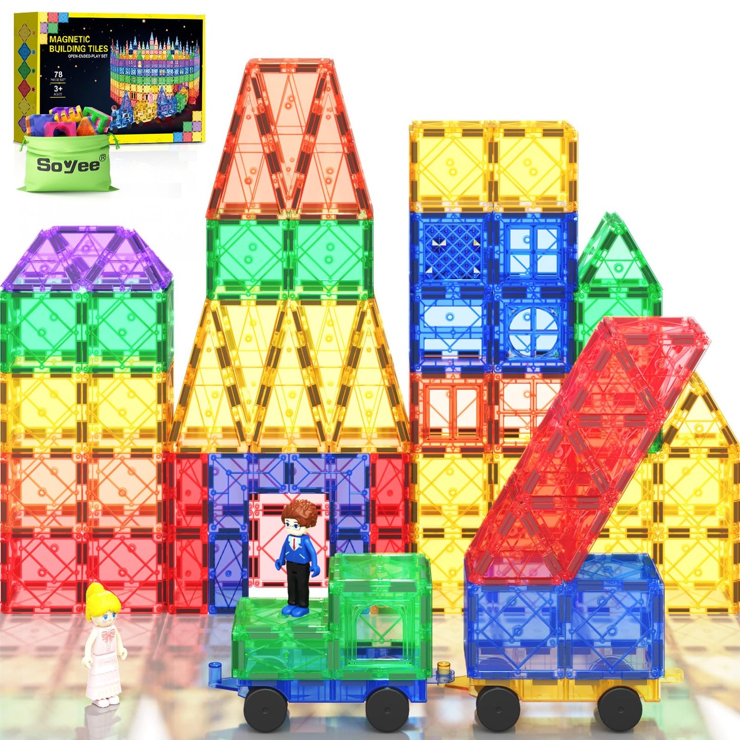 Soyee Magnetic Tiles with 2 Cars – STEM Building Toys for Kids 3-8