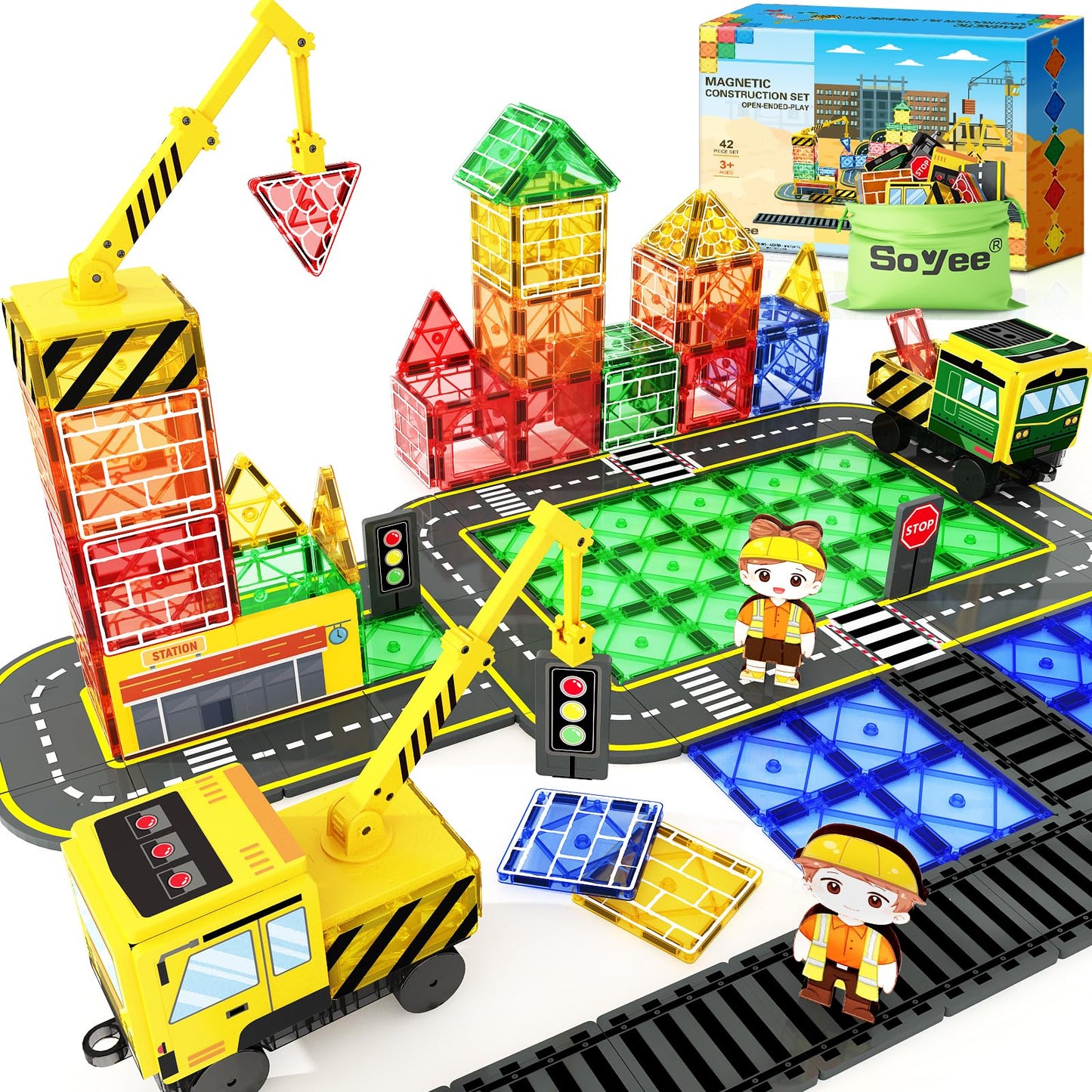 Soyee Magnetic Tiles with 2 Cranes – Magnetic Construction Toys for Ages 3-7 | STEM & Montessori Gift