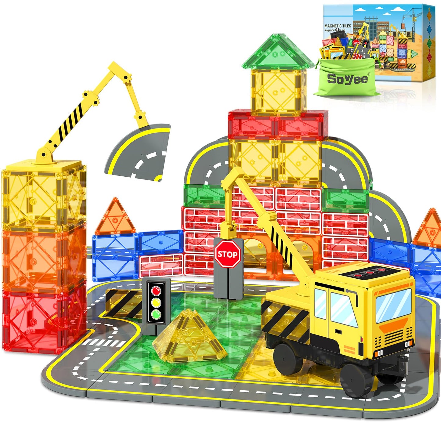 Soyee Magnetic Tiles Crane Truck – STEM Building Toys for Kids 3-8