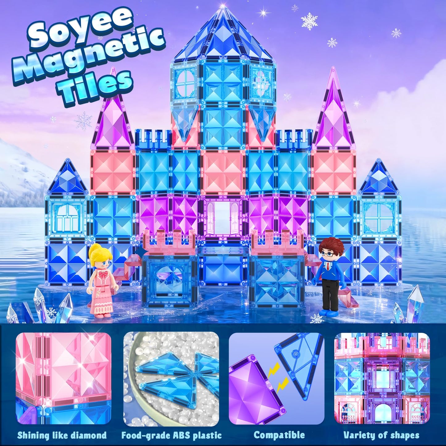 Soyee Magnetic Tiles 102pcs Castle Set with 2 Stairs & Dolls – STEM Toys for Girls