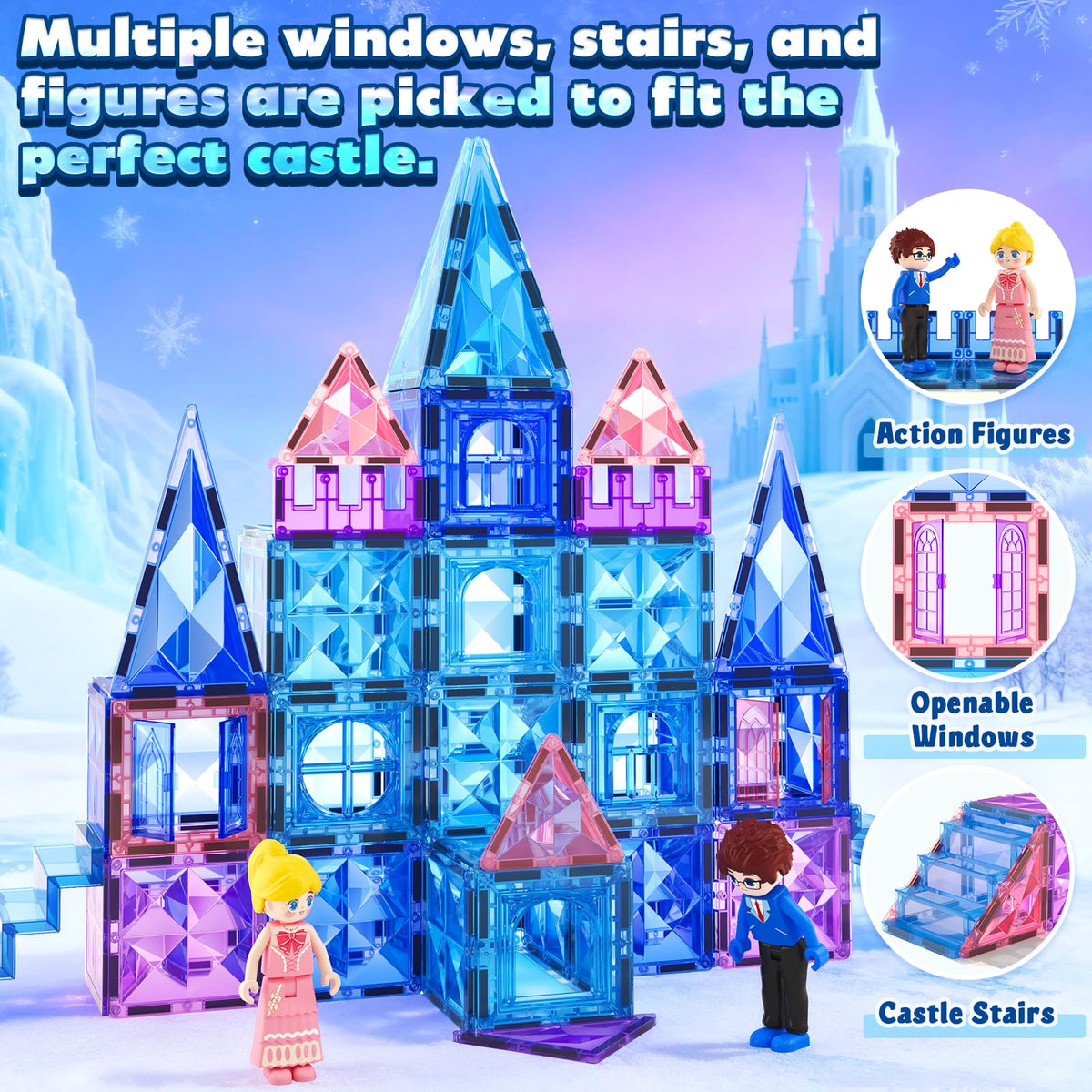 Soyee Magnetic Tiles 102pcs Castle Set with 2 Stairs & Dolls – STEM Toys for Girls