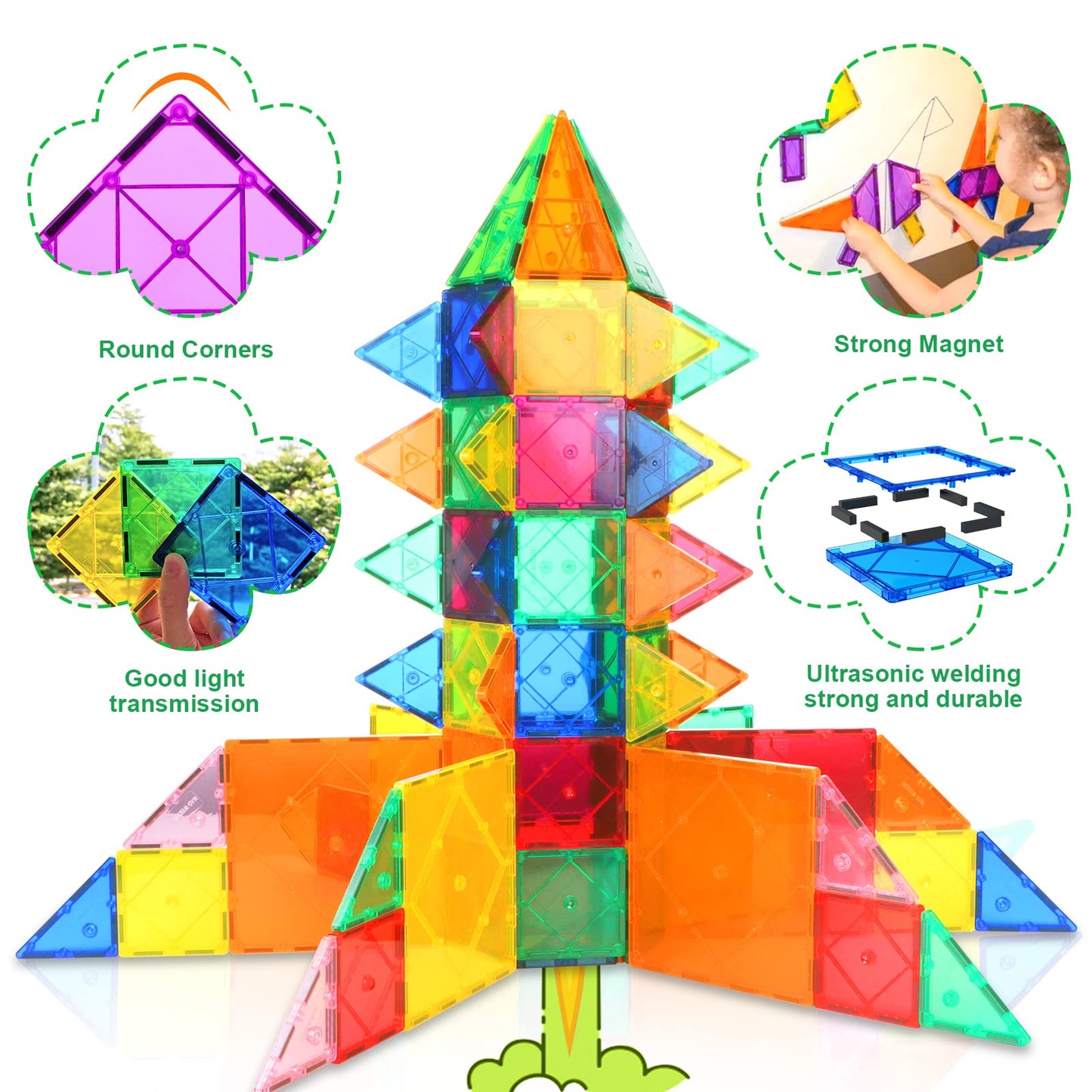 Soyee Magnetic Tiles with 2 Cars – STEM Building Toys for Kids 3-8