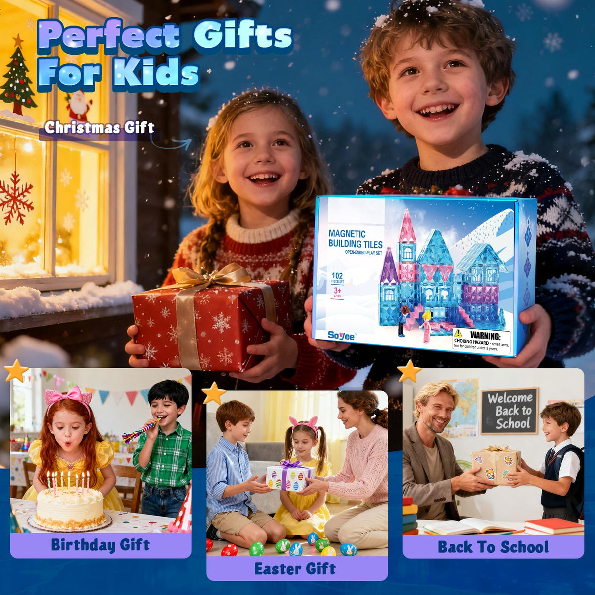 Soyee Magnetic Tiles 102pcs Castle Set with 2 Stairs & Dolls – STEM Toys for Girls