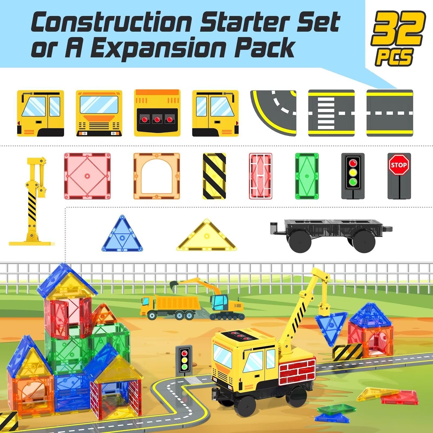 Soyee Magnetic Tiles Crane Truck – STEM Building Toys for Kids 3-8