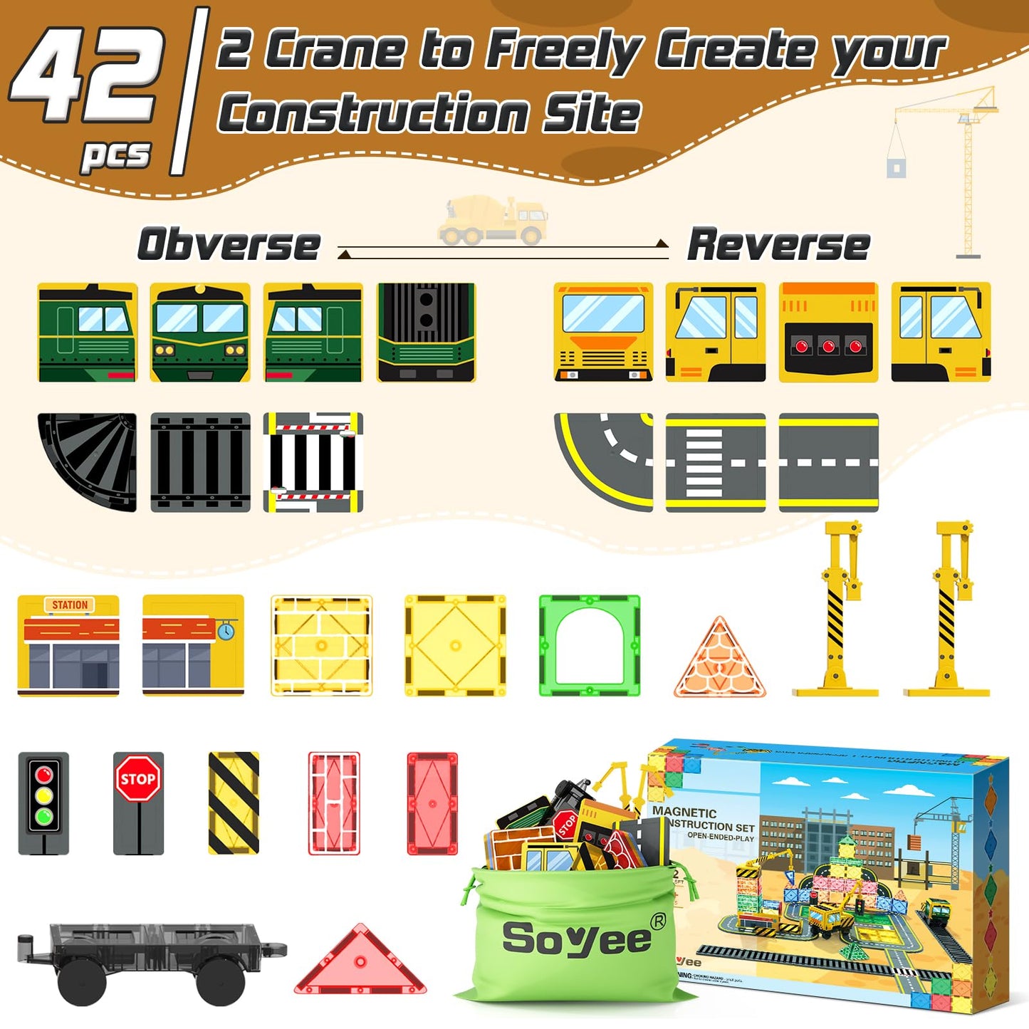 Soyee Magnetic Tiles with 2 Cranes – Magnetic Construction Toys for Ages 3-7 | STEM & Montessori Gift
