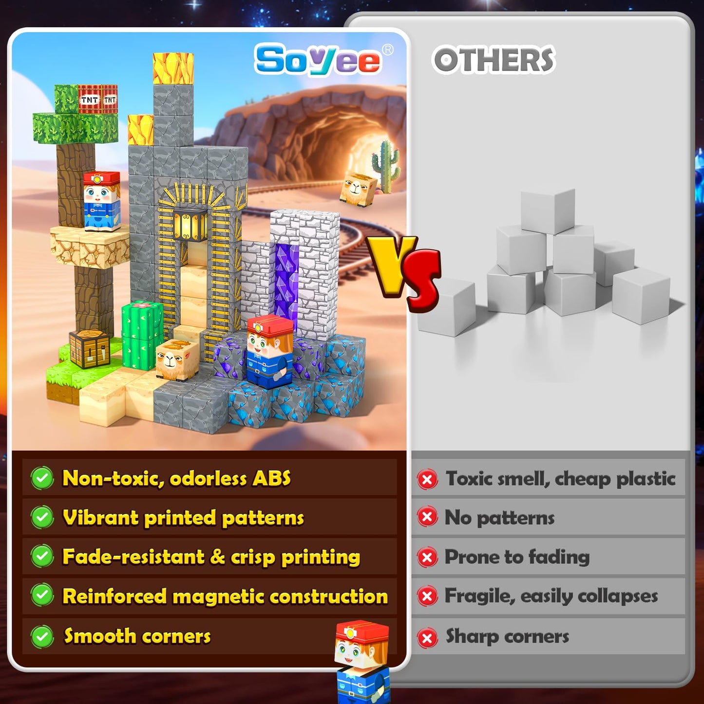 Soyee 150 PCS Magnetic Blocks — STEM Mine World Set for Kids Aged 4-8