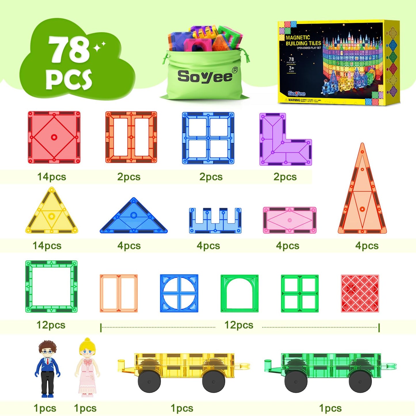 Soyee Magnetic Tiles with 2 Cars – STEM Building Toys for Kids 3-8