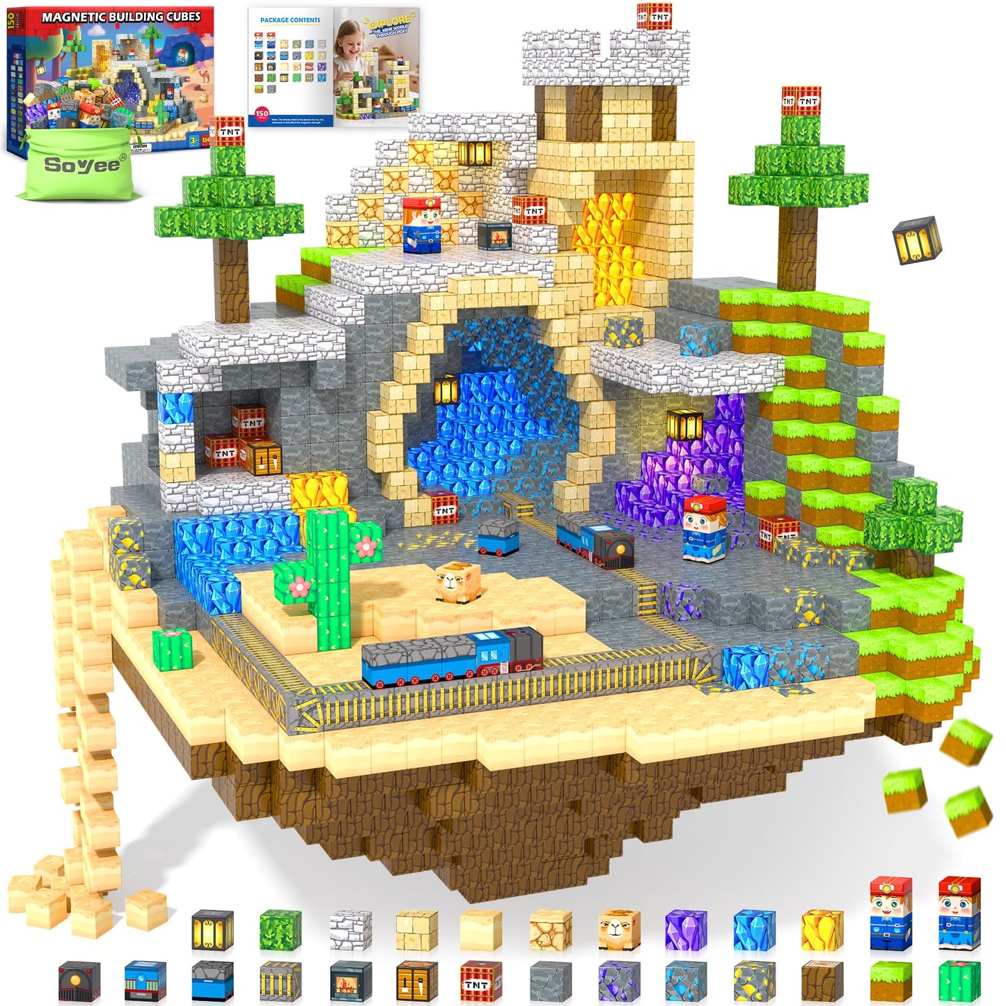 Soyee 150 PCS Magnetic Blocks — STEM Mine World Set for Kids Aged 4-8
