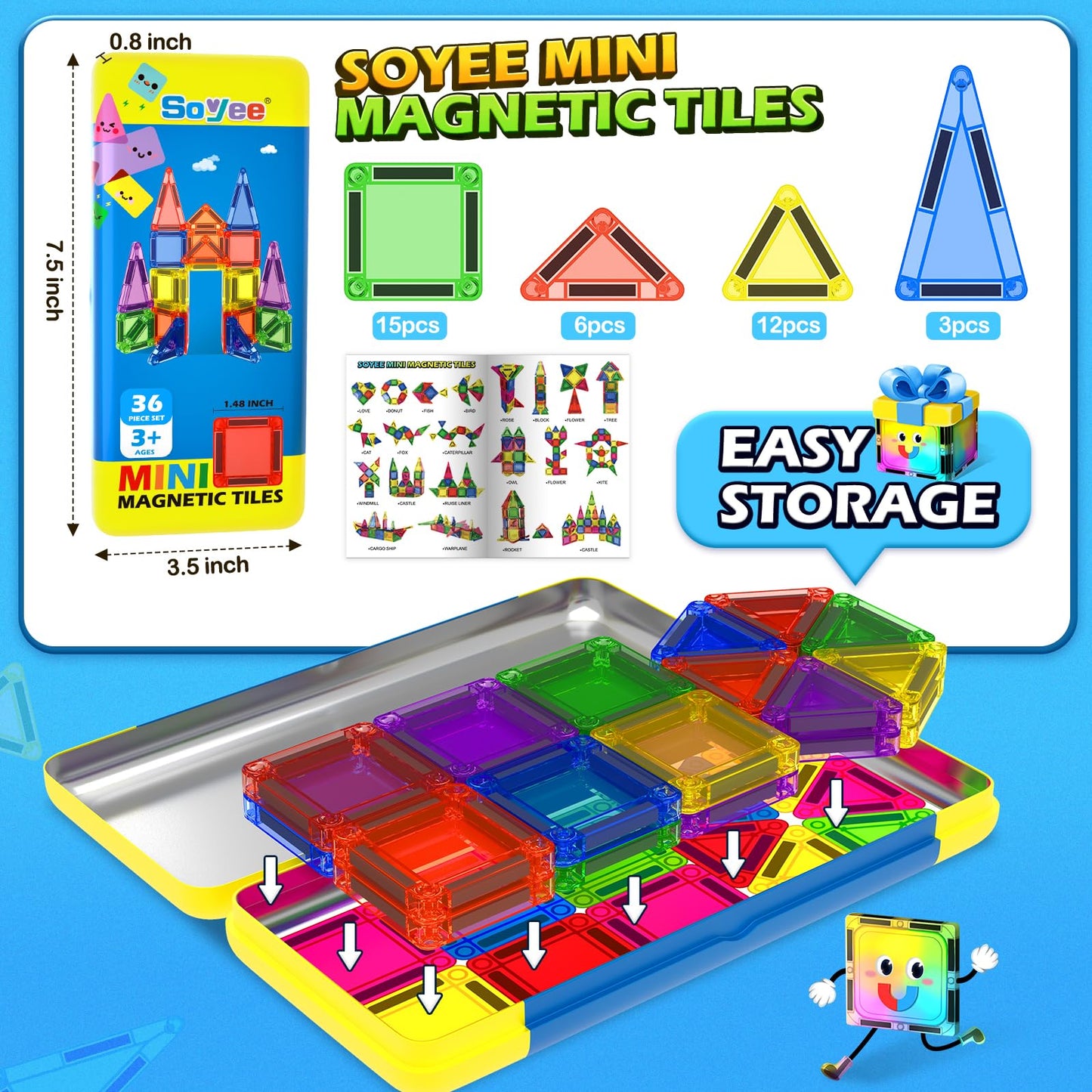 Soyee Mini Magnetic Tiles Travel Toys – Portable STEM Building Kit for Ages 3-8+