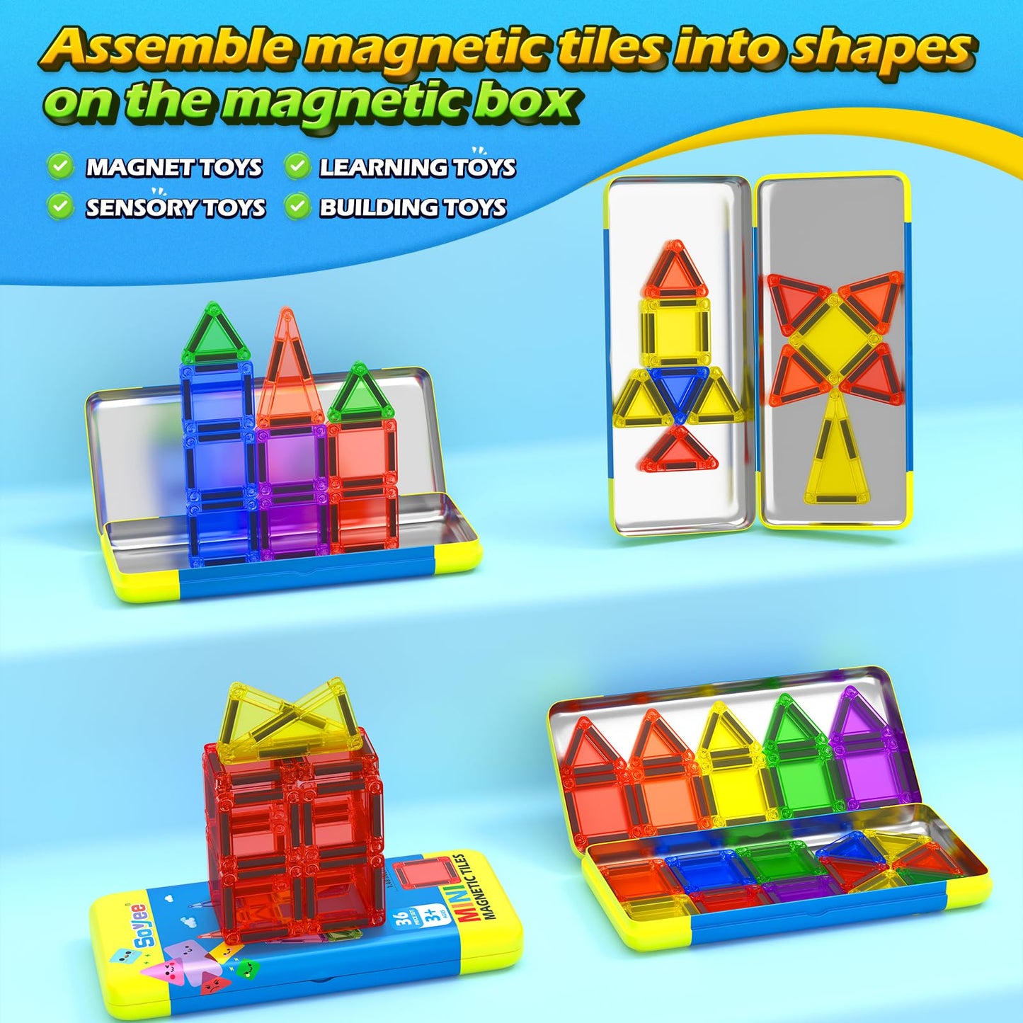Soyee Mini Magnetic Tiles Travel Toys – Portable STEM Building Kit for Ages 3-8+