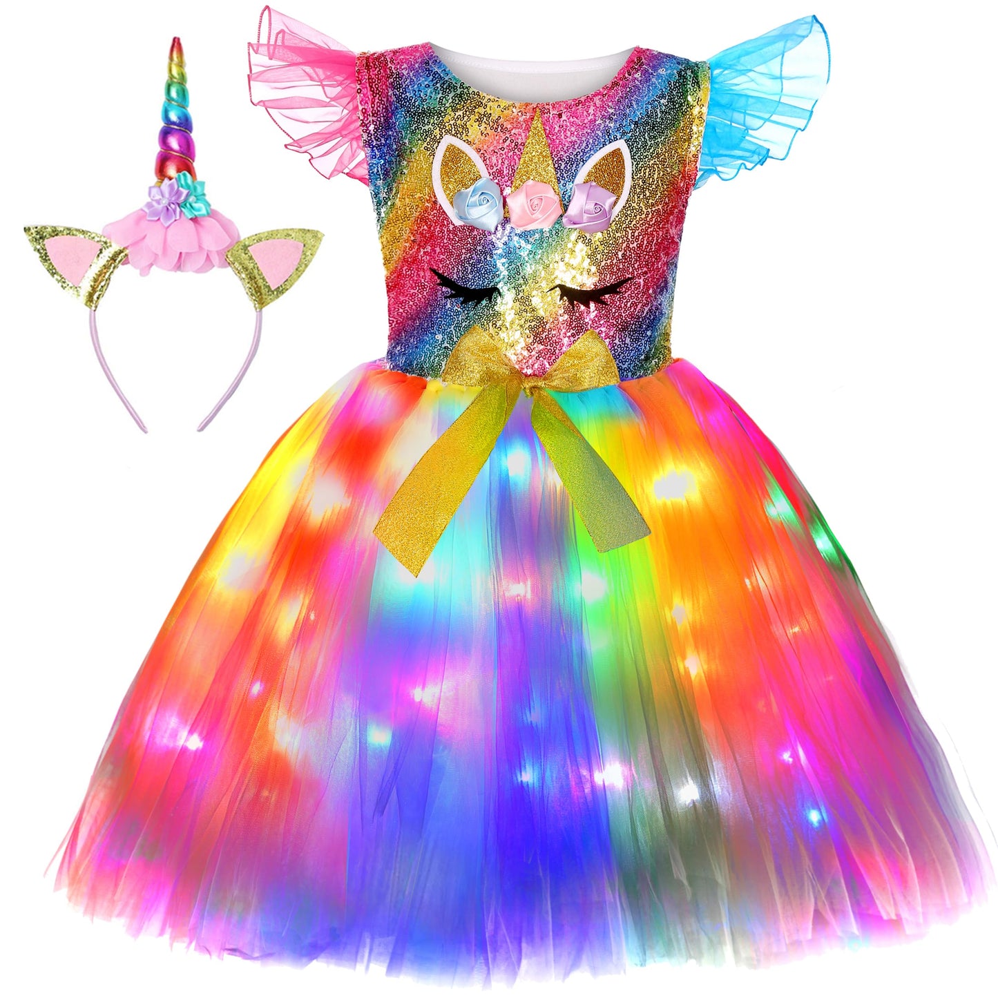 Soyoekbt Girls Unicorn Costume with LED Lights – Dress & Headband Set for 3-8 Years