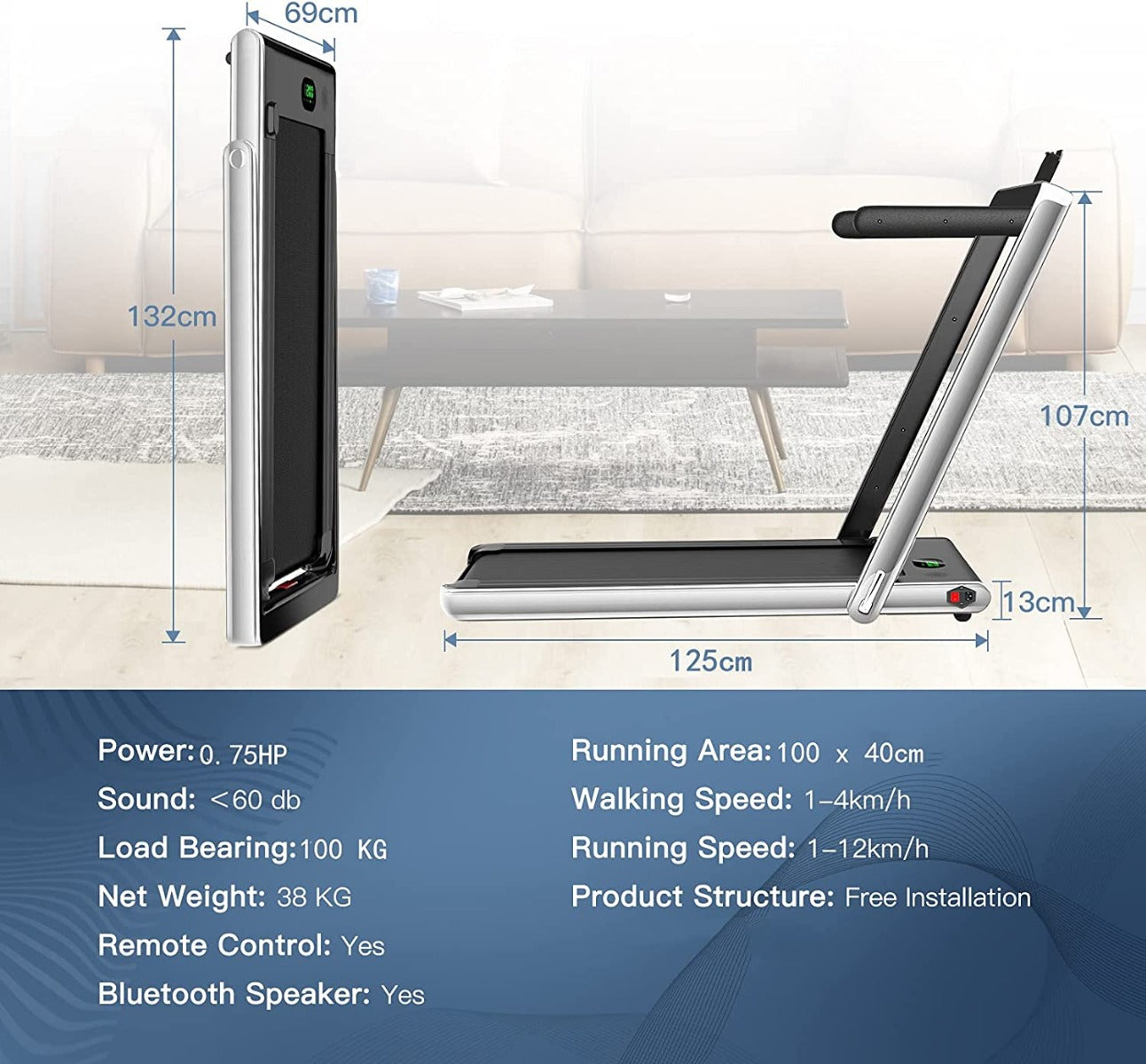 1-12Kph Folding Electric Treadmill with Bluetooth Capability-Black