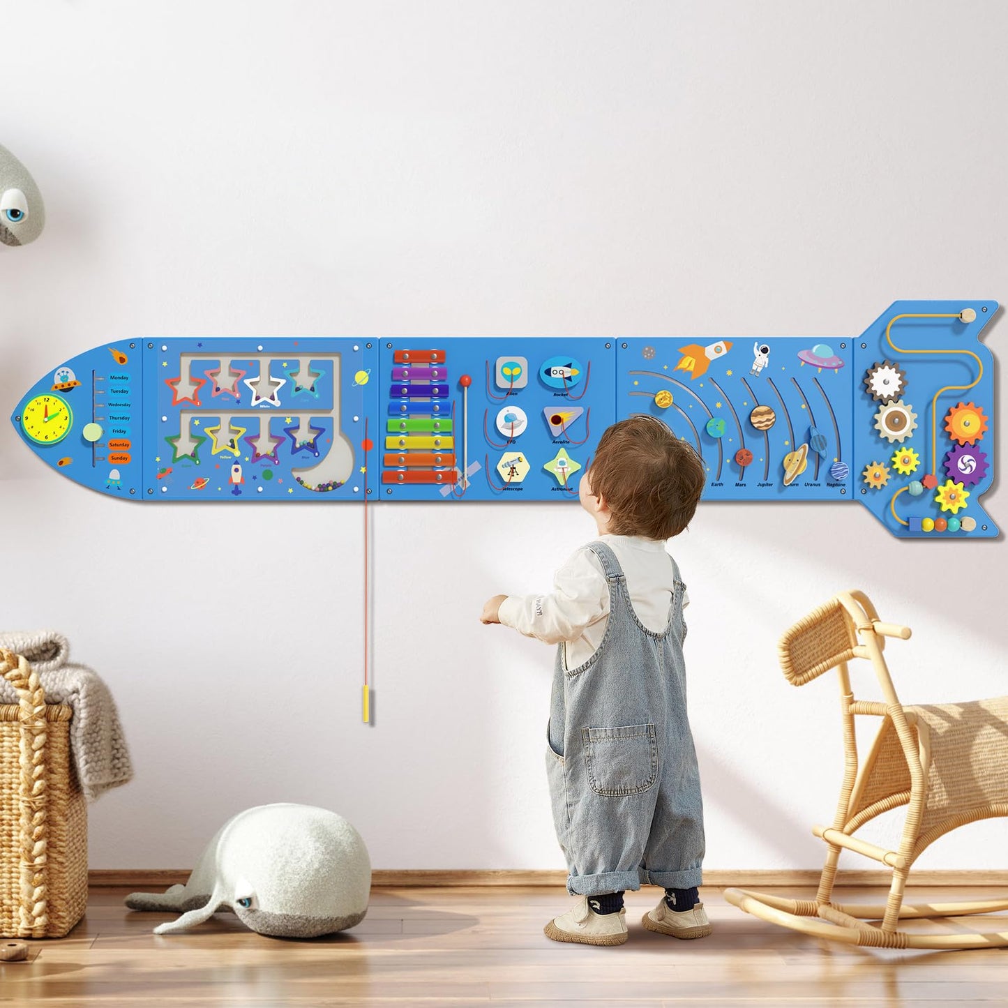 Spacocld Rocket Activity Wall Panels - Montessori Sensory Wall Board (Blue, 5-Pack)